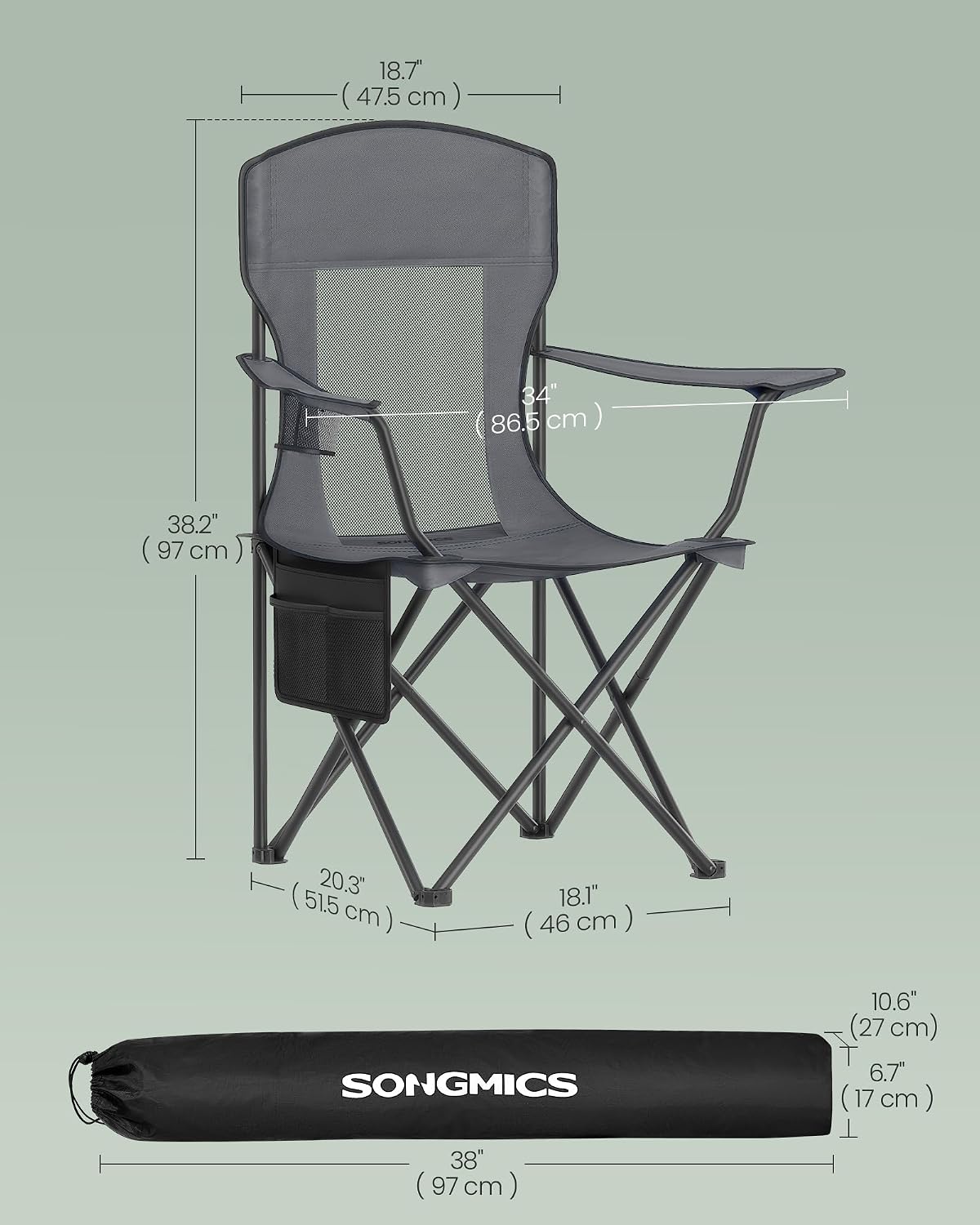 SONGMICS Camping Chair, Folding Oversized Chair, Comfortable and Heavy-Duty, 352 lb Weight Capacity, Adjustable Armrests with Cooler Bag, Storage Bag, Breathable Mesh, Bijou Blue UGCB060Q01