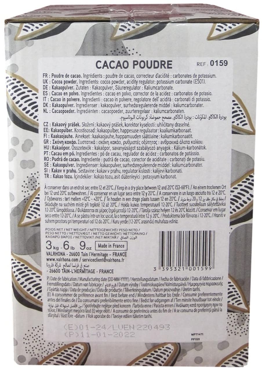 Valrhona Cocoa Powder - 3 kg | #159 20/22% Fat Unsweetened Dutch Cocoa for Brownies, Cakes, Cookies, Frosting/Fillings, Ganache, Beverages