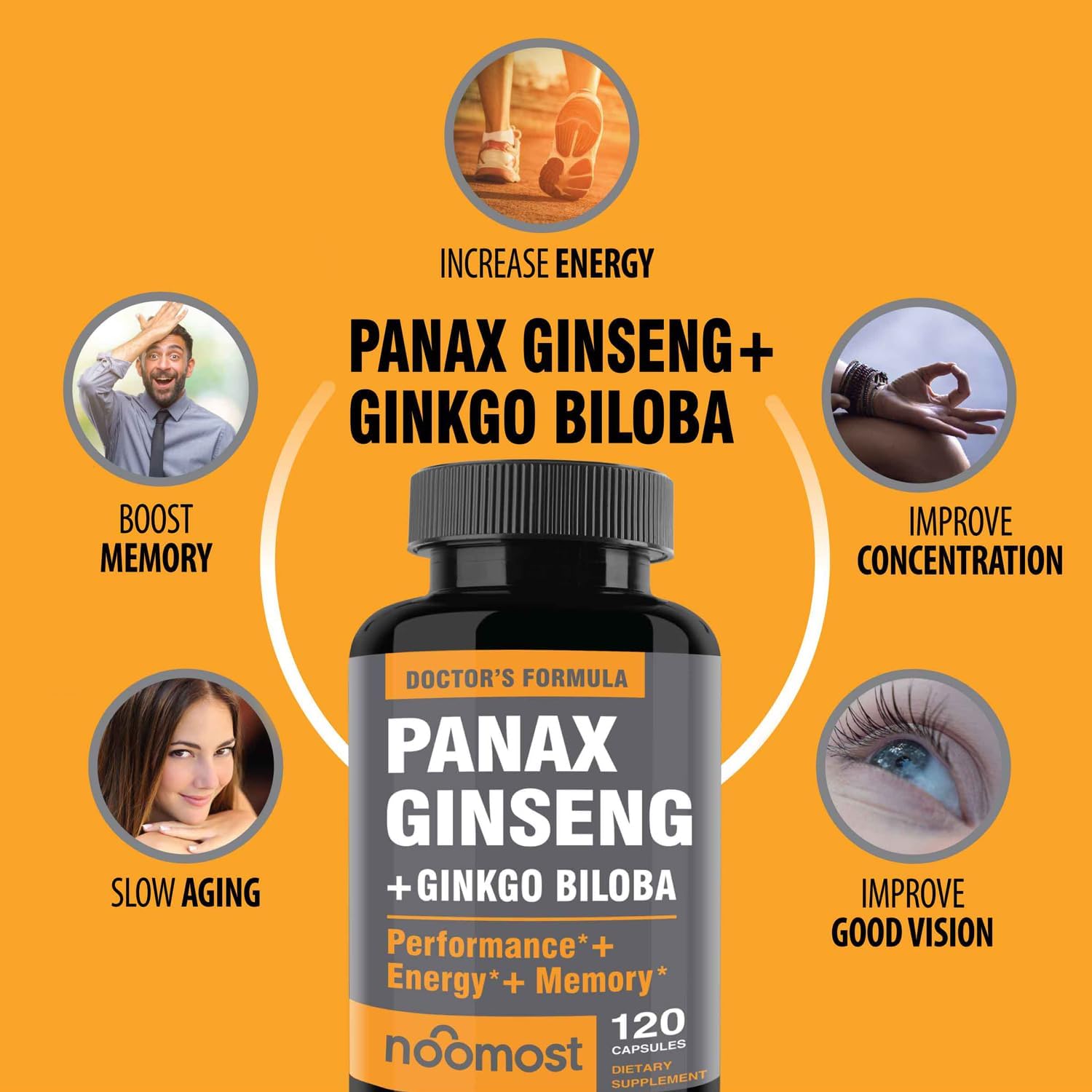 Authentic Korean Red Panax Ginseng + Ginkgo Biloba, 120 Vegan Capsules, Ginseng Root Extract Powder 1000mg (10% Ginsenosides) + Gingko Biloba 60mg