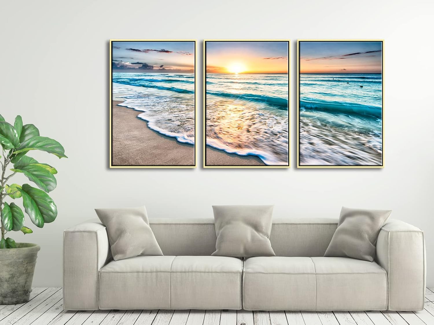 Wieco Art 3 Panel Blue Beach Canvas Wall Art for Home Decor Sunset White Wave Beach Pictures on Canvas Sea View Canvas Prints Artwork for Wall Decor