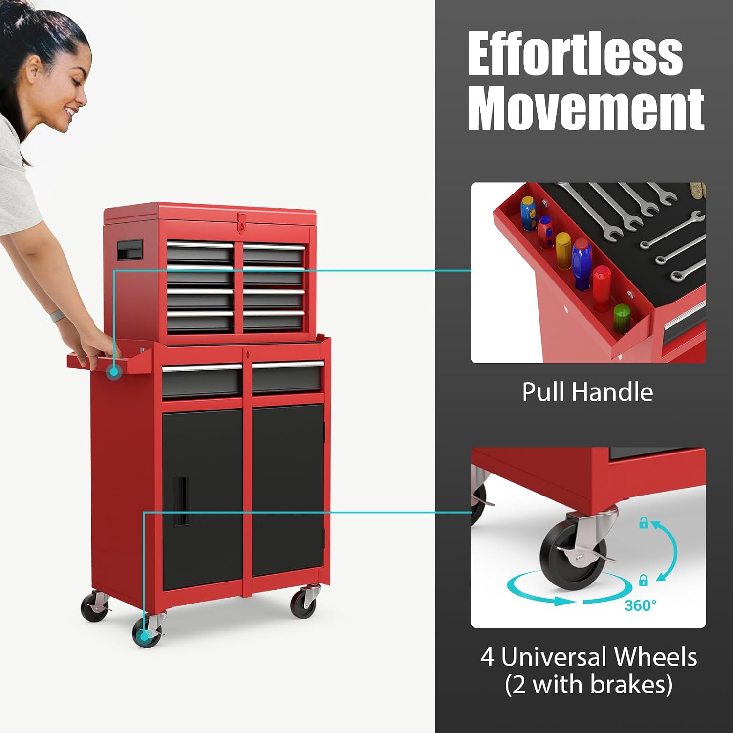 Goplus Rolling Tool Chest, 5-Drawer Tool Box Organizer w/Lockable Wheels & Sliding Drawers & Detachable Top & Adjustable Shelf, Tool Storage Cabinet for Garage Workshop (Red)