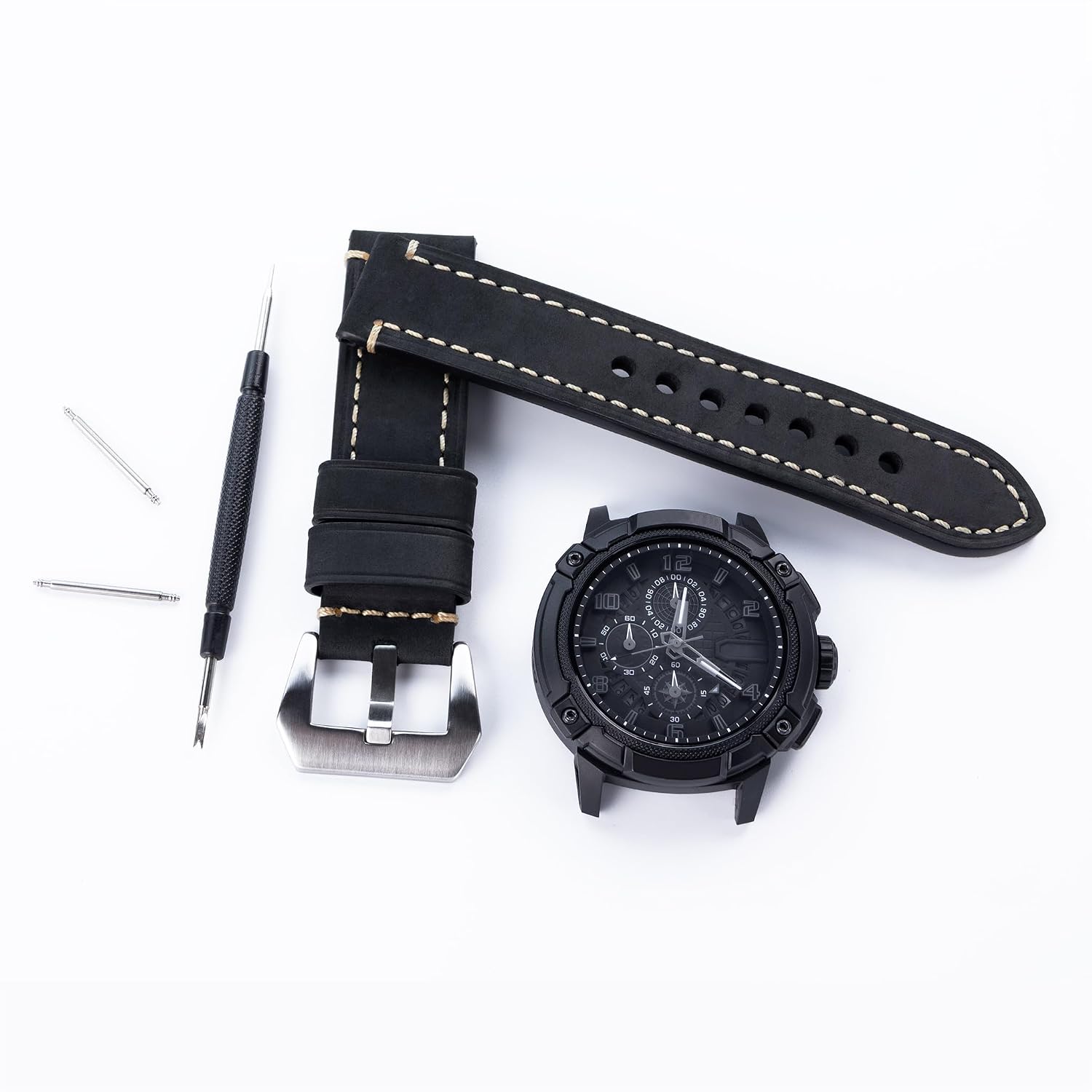 Dark Brown 22mm Genuine Leather Wristwatch Watch Band Oil Tan Vintage Strap for Men with Stainless Buckle