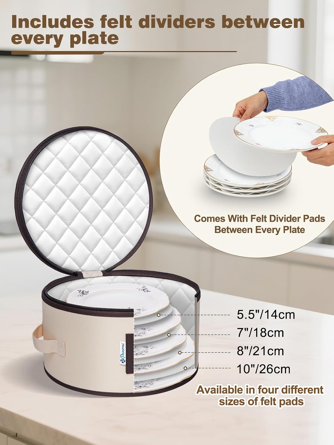 China Storage Containers, 4-Pack Hard Shell Plate & Dish Cases for Moving | Padded dividers and quilted lining protect plates and dishes; stackable for moving and holiday storage, beige hold set of 12