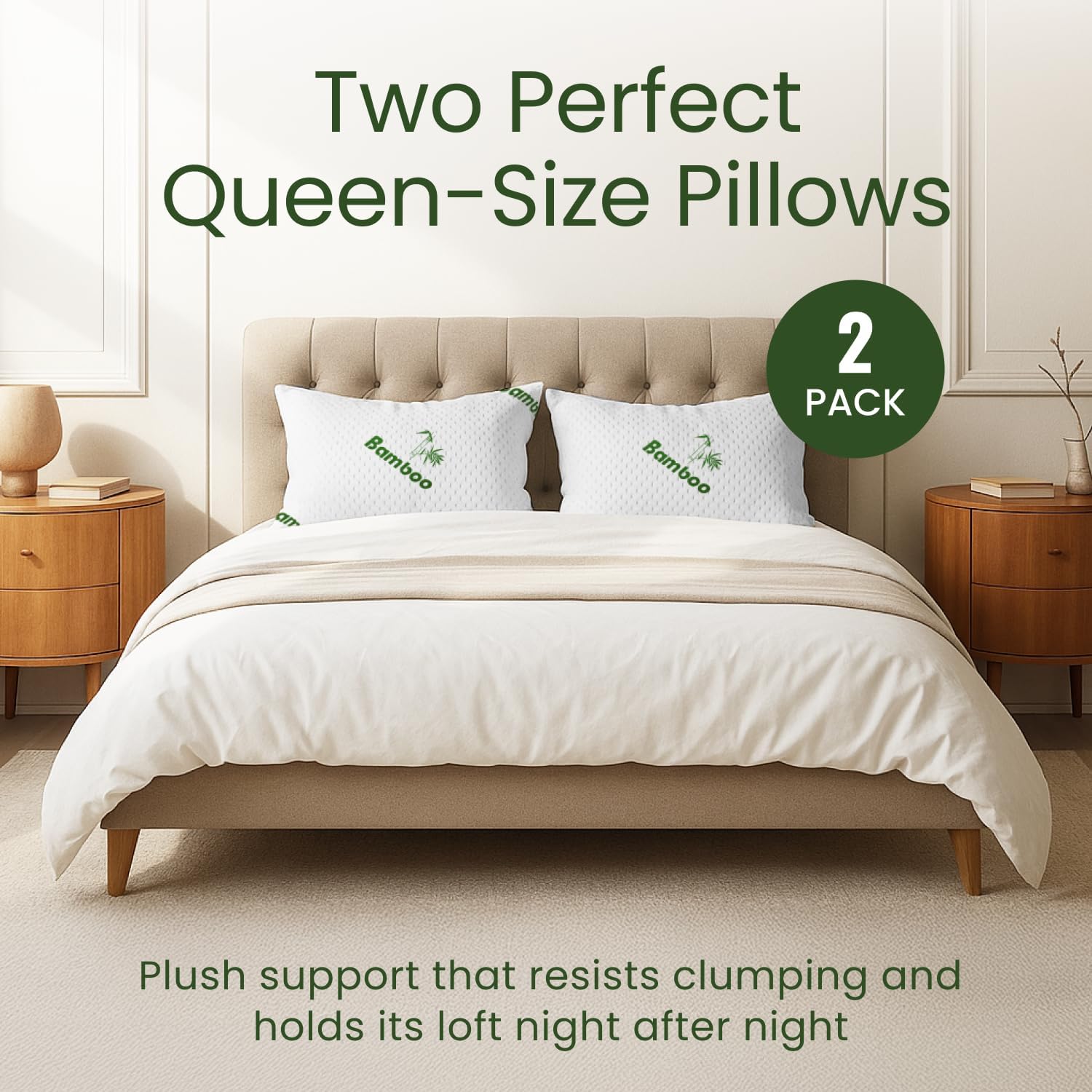 Memory Foam Pillows Queen Size Set of 2 - Cooling Bed Pillows for Sleeping - Back, Stomach, Side Sleeper Firm, Comfy Cool Shredded - 2 Pack, Rayon Derived from Bamboo