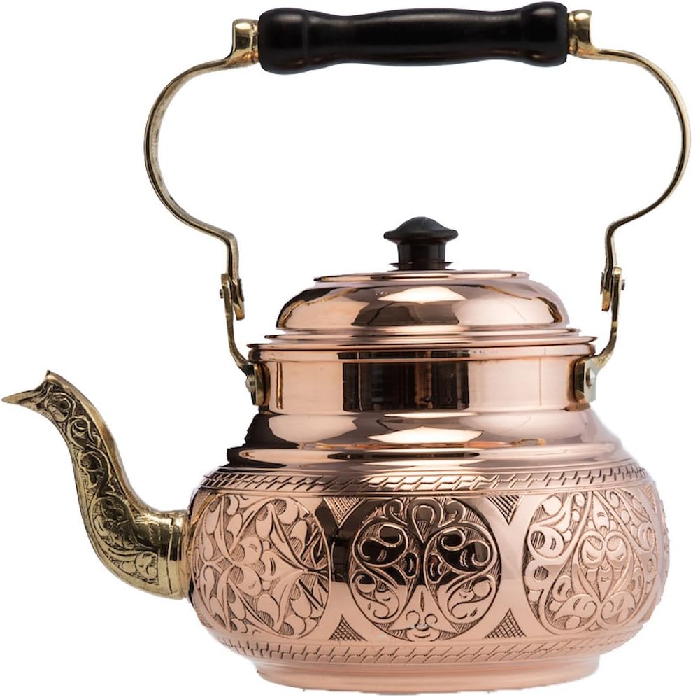 DEMMEX Handmade Engraved 1mm Thick Solid Uncoated Copper Tea Pot Kettle Stovetop Teapot, 1.6-Quart