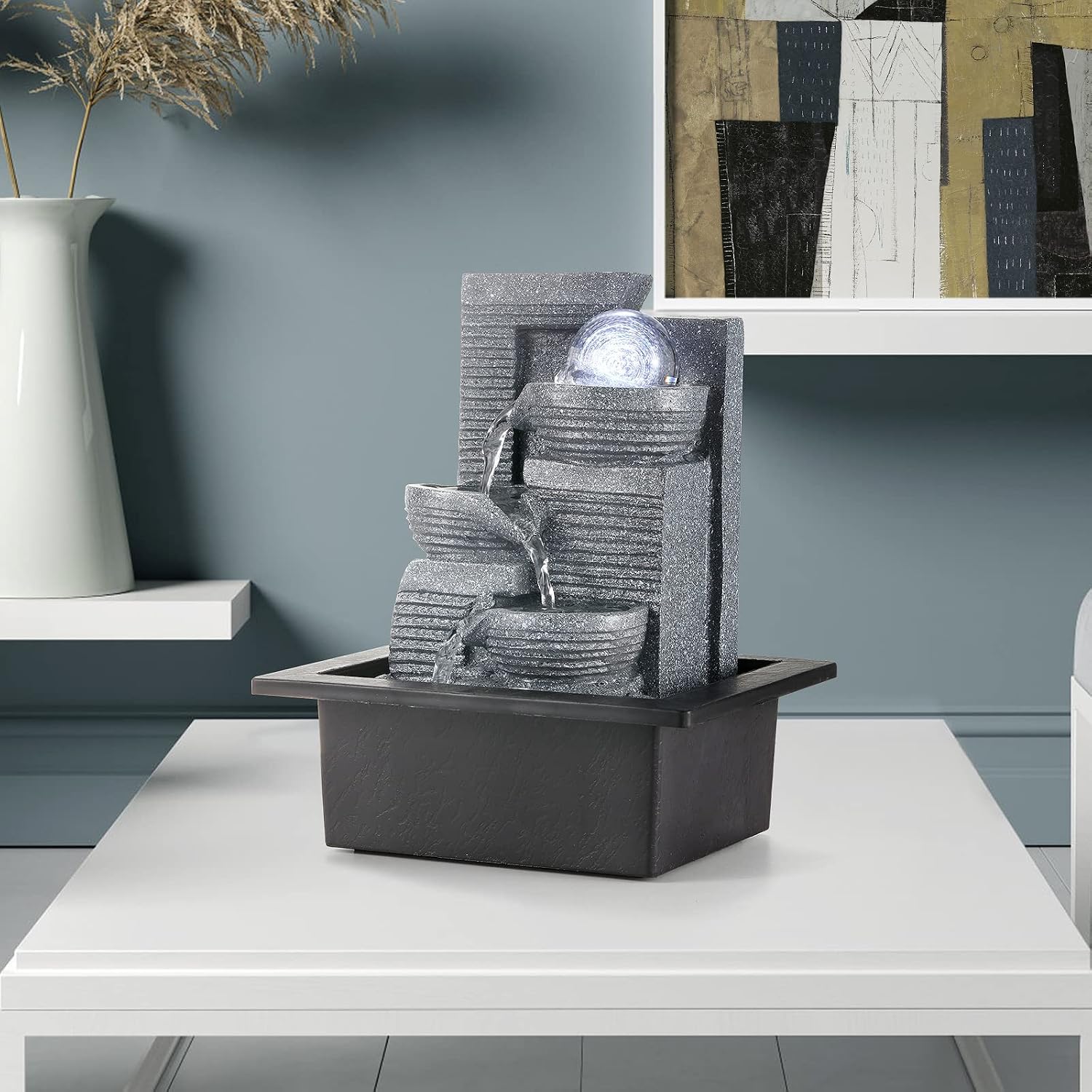 WICHEMI Indoor Water Fountain Tabletop Fountain Stacked Rock with LED Light | Relaxing Water Feature, Meditation Fountain, Soothing Sound, Stress Relief, For Home Office Bedroom Decor, 7.8"x7.8"x7.9"