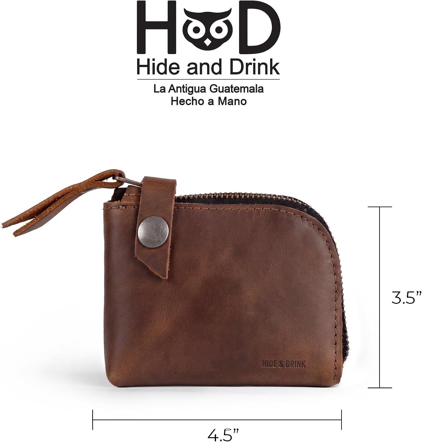 Hide & Drink, Leather Zippered Wallet, Holds Up to 6 Cards Plus Folded Bills, Pouch Organizer, Cash Holder, Travel Essentials, Mini, Pocket-Size, Handmade (Bourbon Brown)