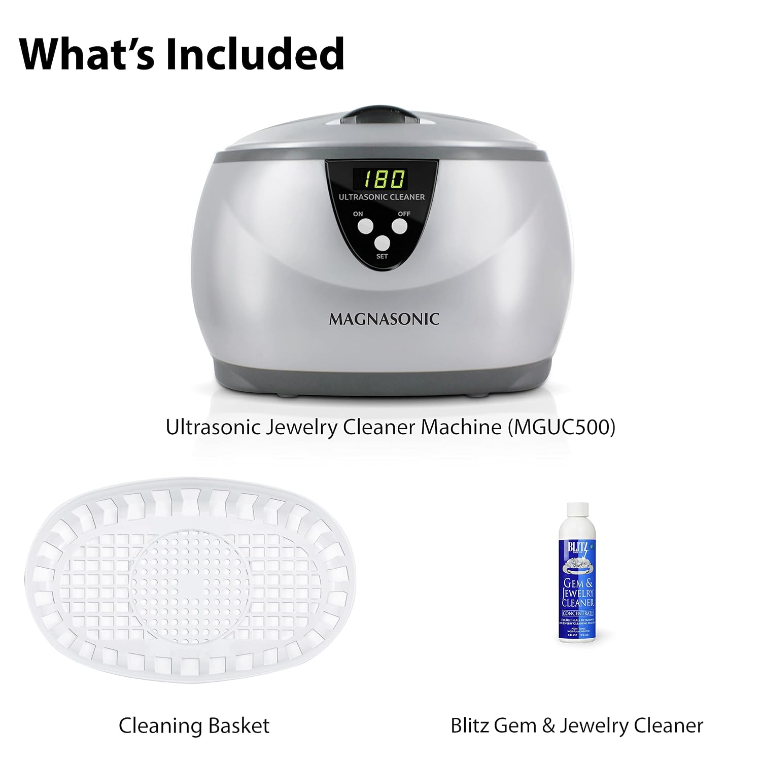 Magnasonic Ultrasonic Cleaner - 20oz Stainless Steel Tank, Digital Timer, 5 Cleaning Modes, Ultrasonic Jewelry Cleaner for All Jewelry, Eyeglasses, Watches, Dentures, Retainers & More