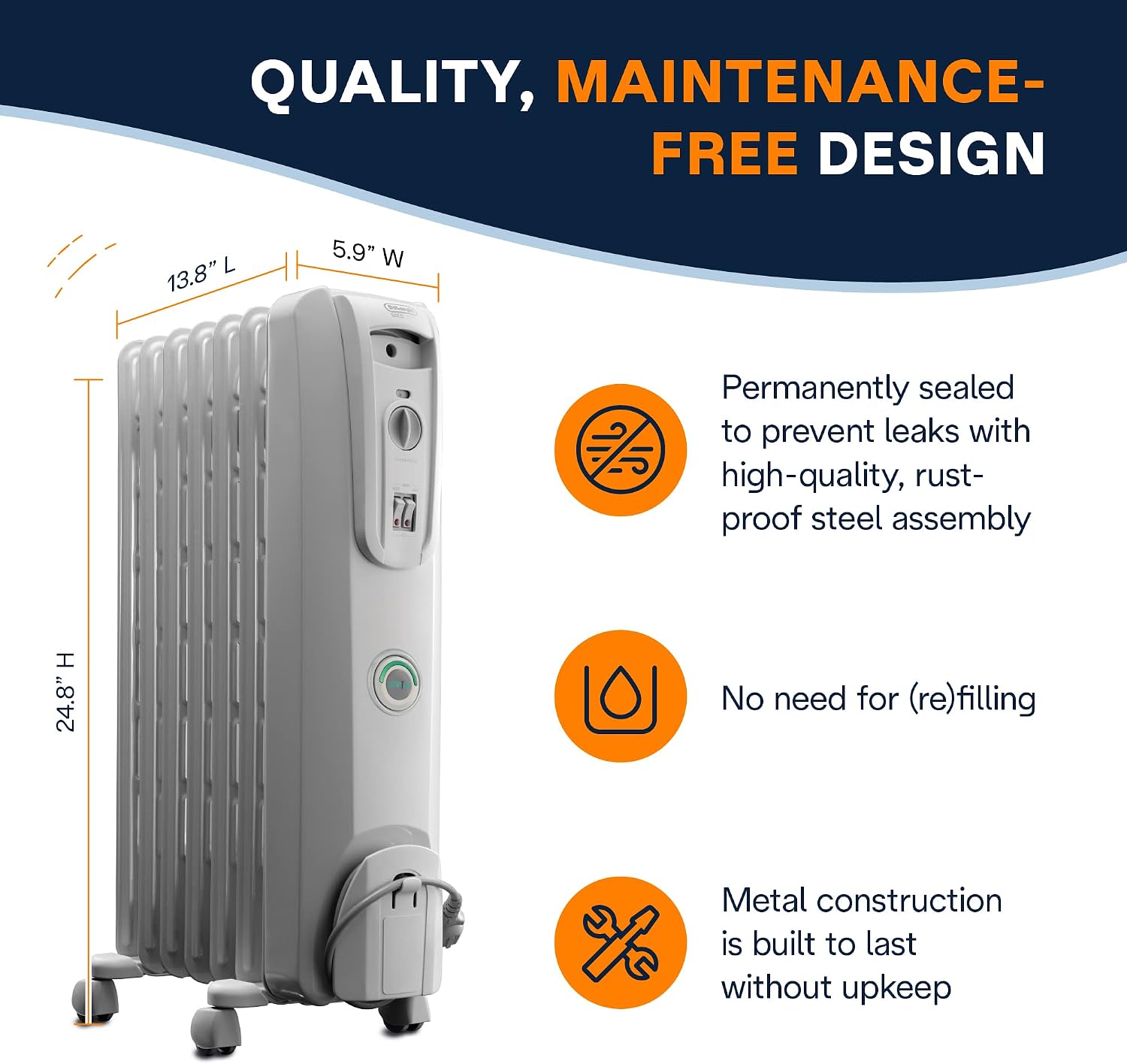 De'Longhi Oil filled Radiator Heater, 1500W Electric Space Heater for indoor use, portable room heater, Energy Saving, full room like office and bedroom with safety features, EW7707CM