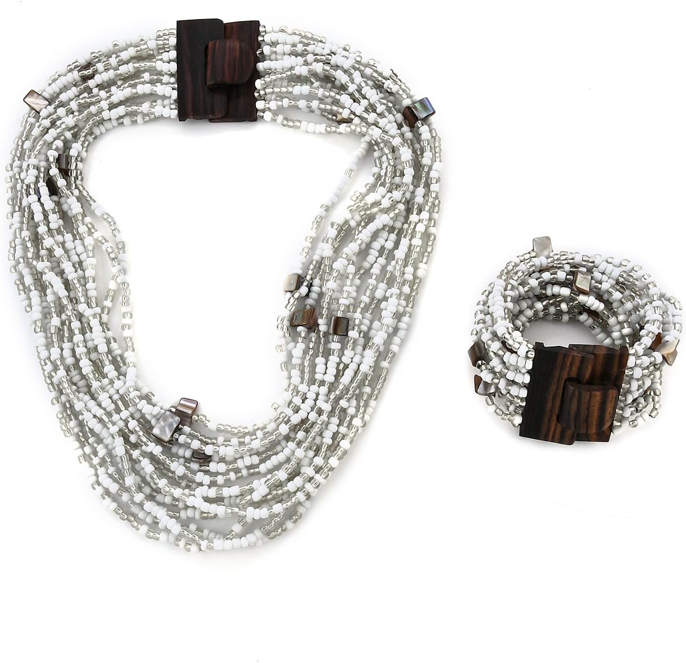Shop LC Seed Bead Necklace Bracelet Set Boho Jewelry for Women | Multi Layered Boho, Wooden Clasp, 18 Inch Necklace, Stretchable Bracelet