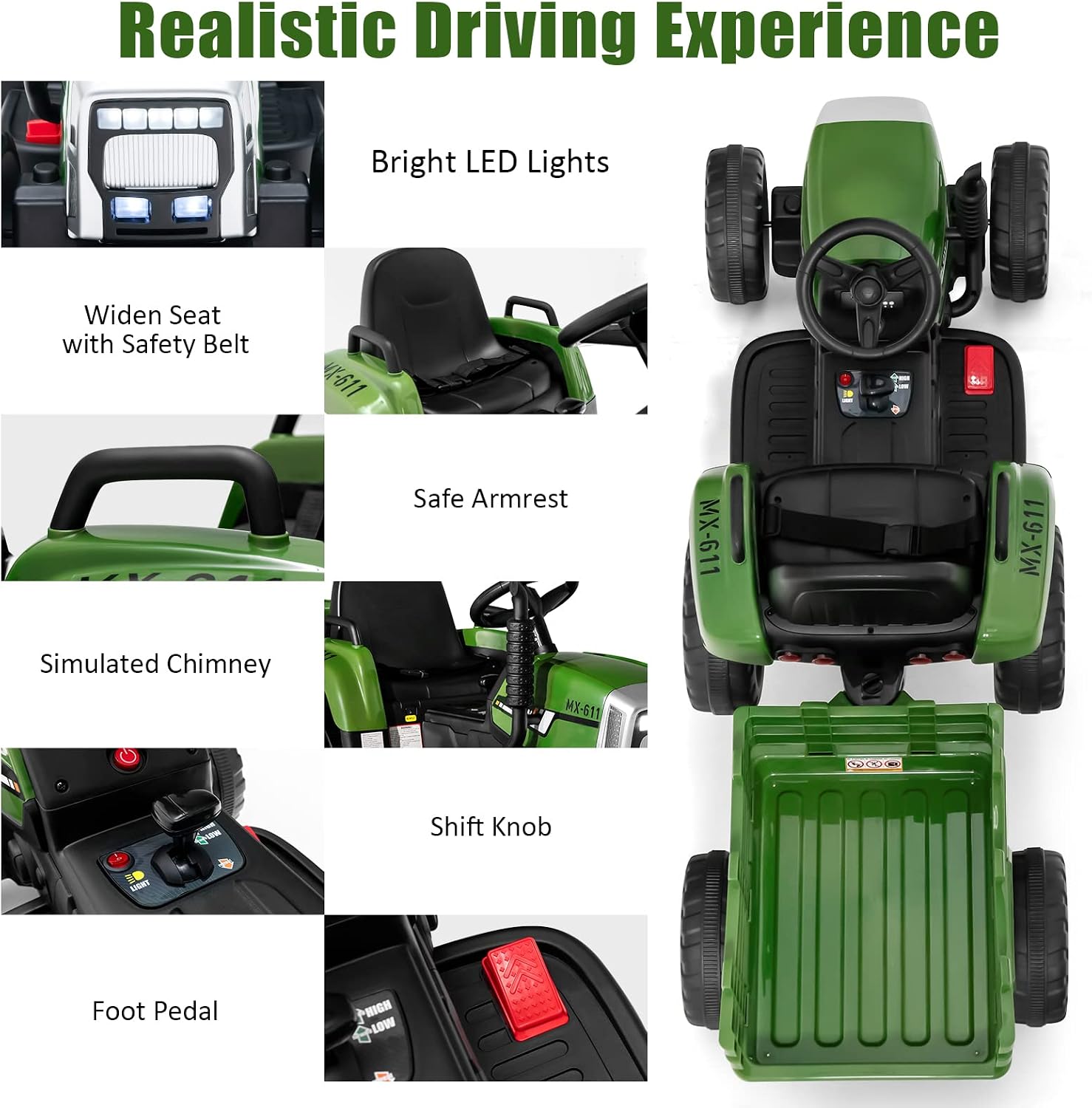 Costzon Ride on Tractor with Detachable Trailer, Kids' Electric Vehicles w/3-Gear-Shift Ground Loader, Wireless Design & USB, 7 LED Headlights