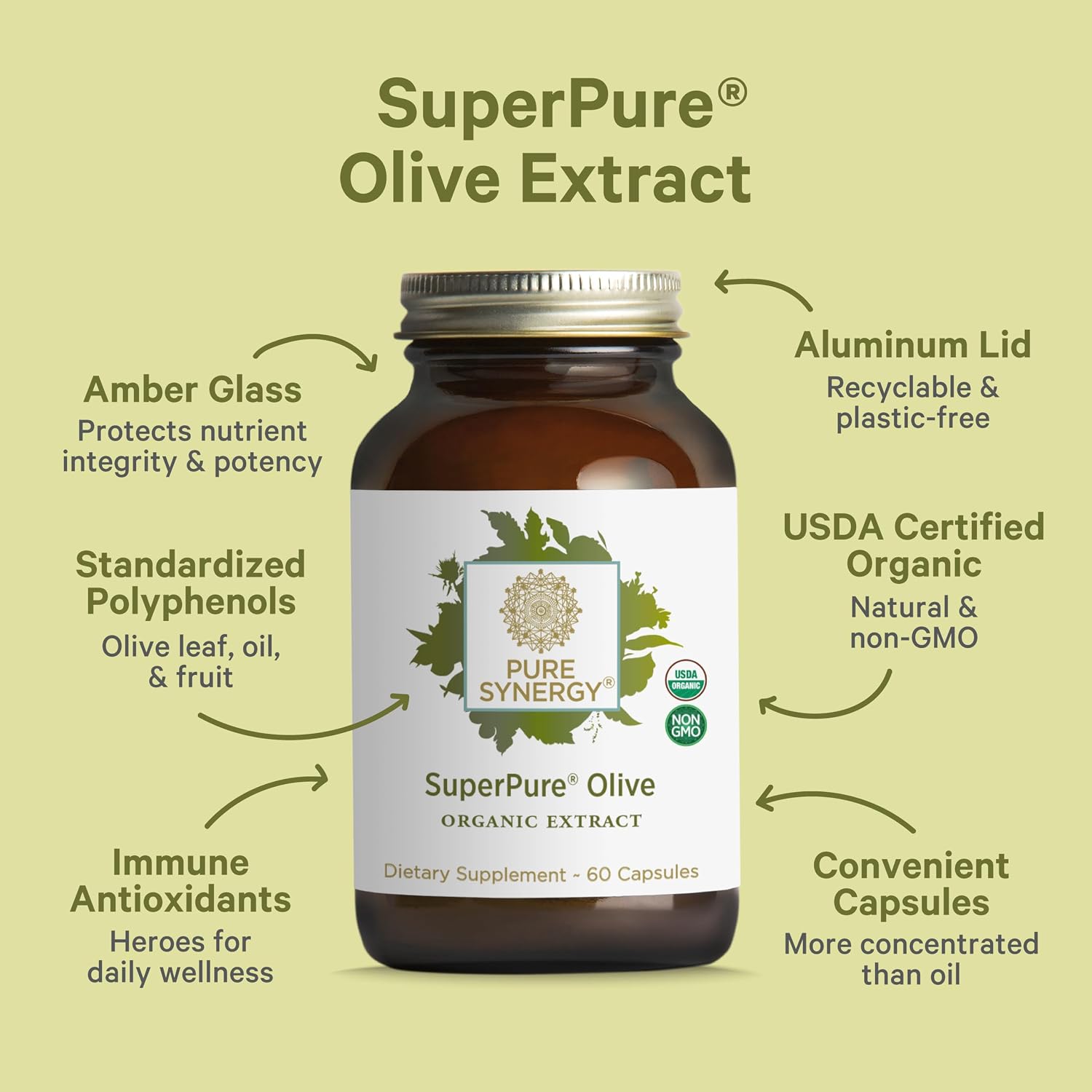 PURE SYNERGY SuperPure Olive Extract | Organic Olive Leaf, Oil, and Fruit Supplement with Polyphenols | for Heart, Brain