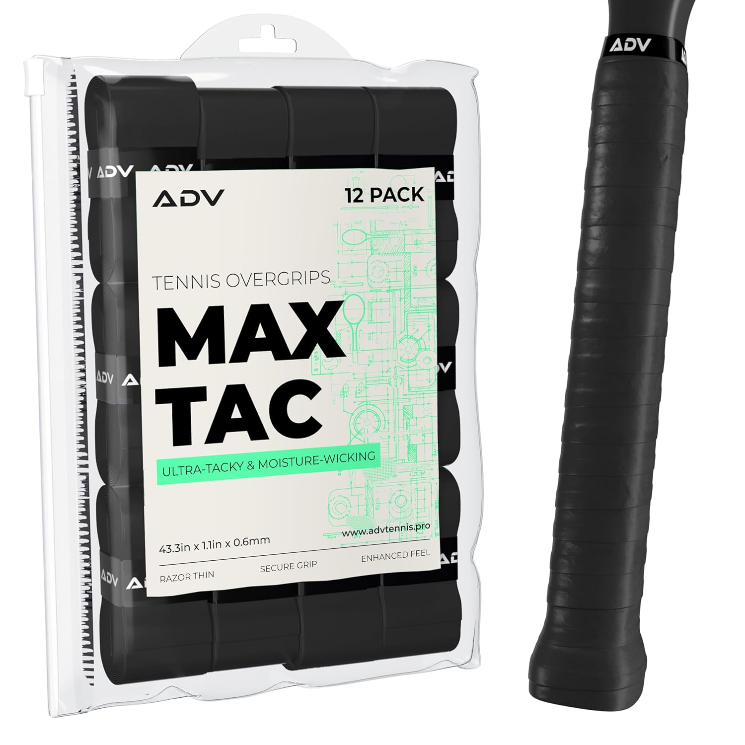 ADV MaxTac Tennis Overgrip, Tacky Moisture-Wicking Grip (Orange, 12-Pack)