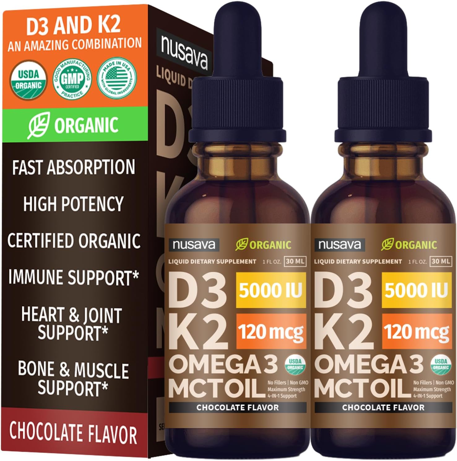 Nusava Organic Vitamin D3 K2 Drops with MCT Oil, Unflavored, Pack of 2