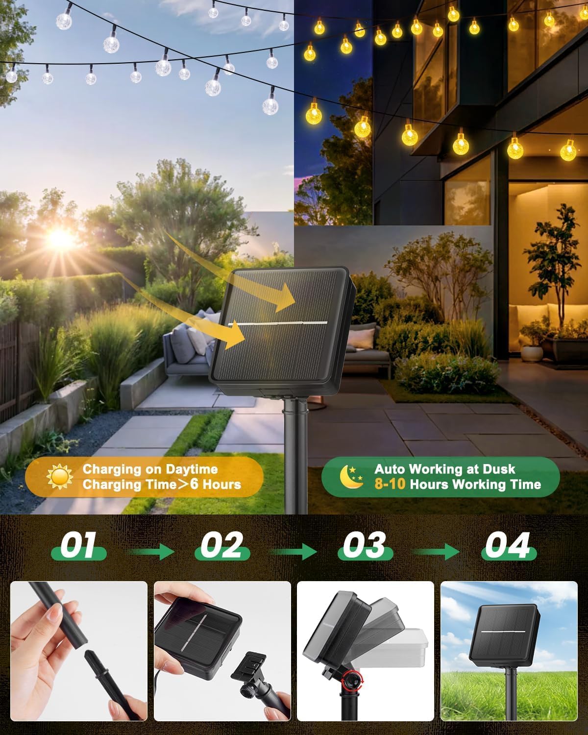 Brightown Solar String Lights Outdoor 60 Led 35.6 Feet Crystal Globe Lights with 8 Lighting Modes