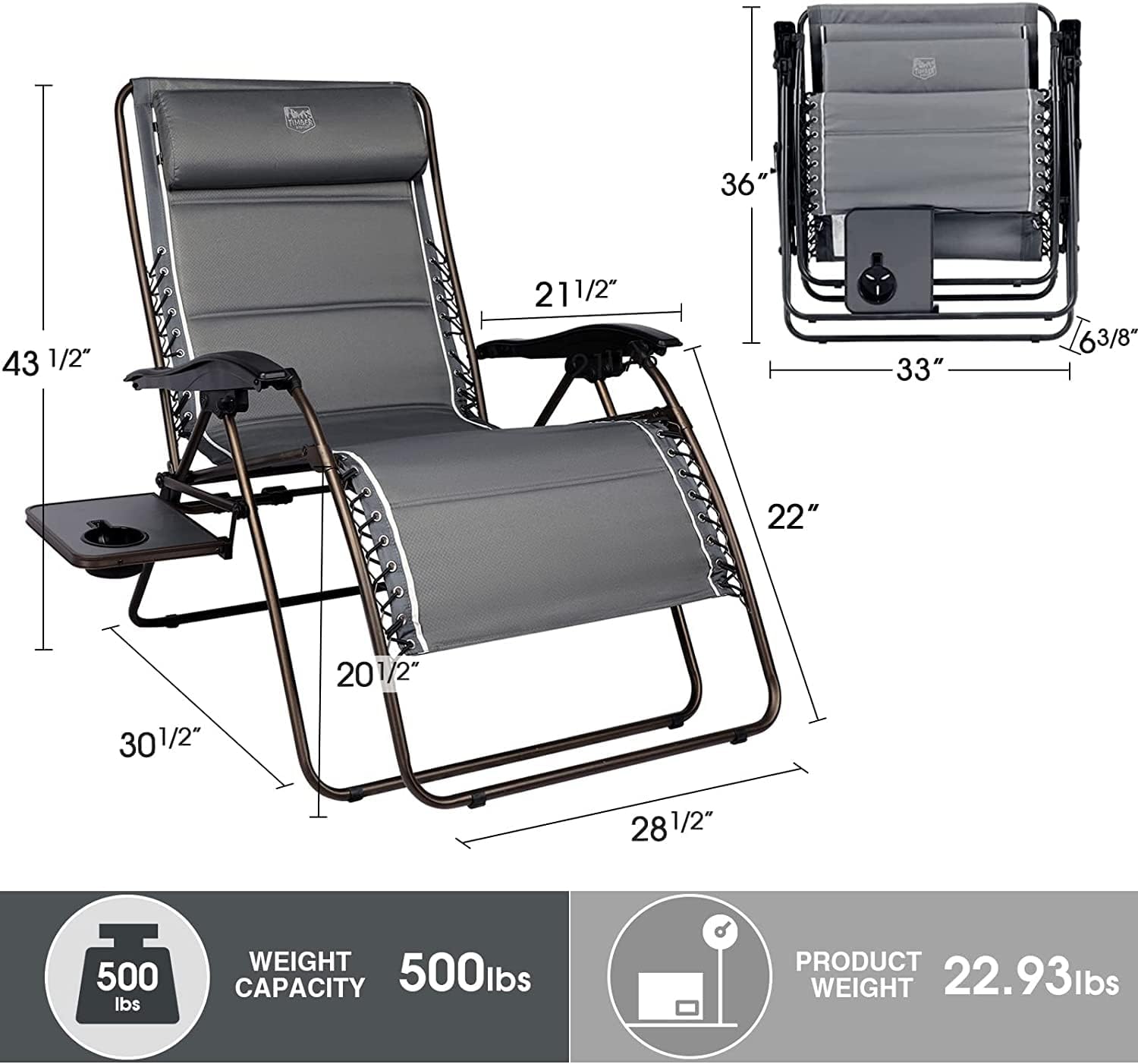TIMBER RIDGE XXL Oversized Zero Gravity Chair, 33" Wide, 500 lb, Gray