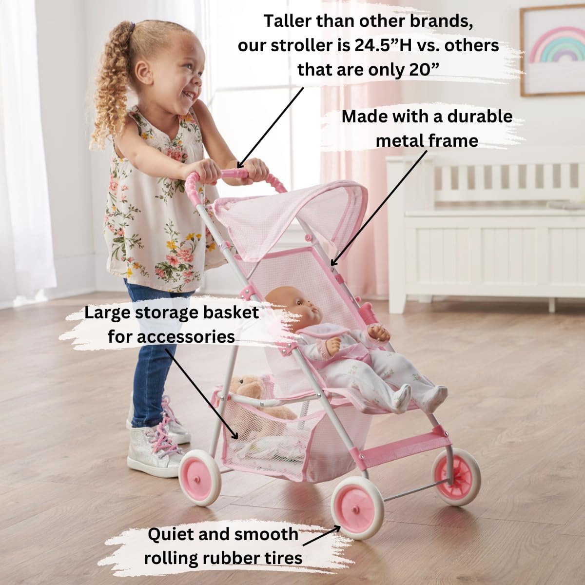 Badger Basket Folding Doll Umbrella Stroller with Basket - Pink/White | Fits up to 18" dolls