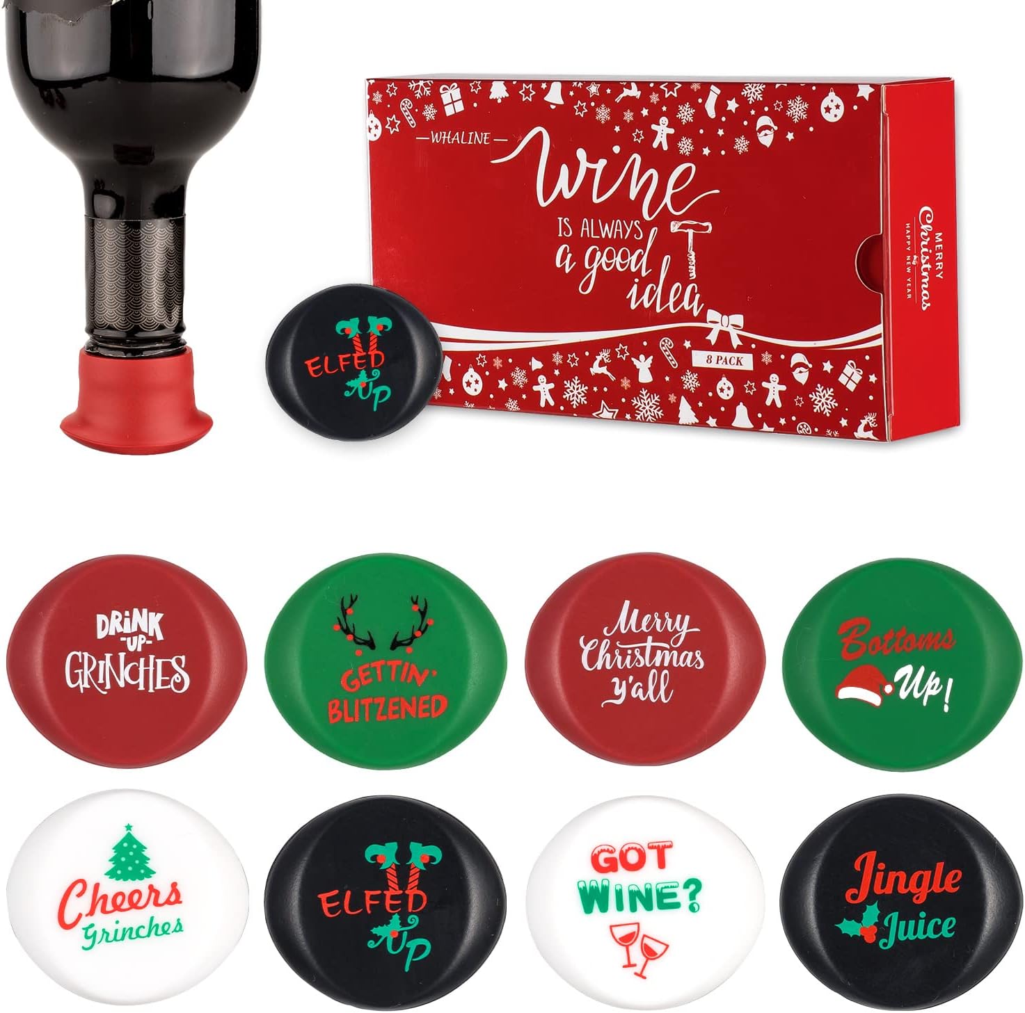 Whaline 8 Pack Christmas Wine Bottle Stoppers and Gift Box, Funny Silicone Reusable Caps Bottle Sealers with a Funny Saying for Wine Beer Bottles