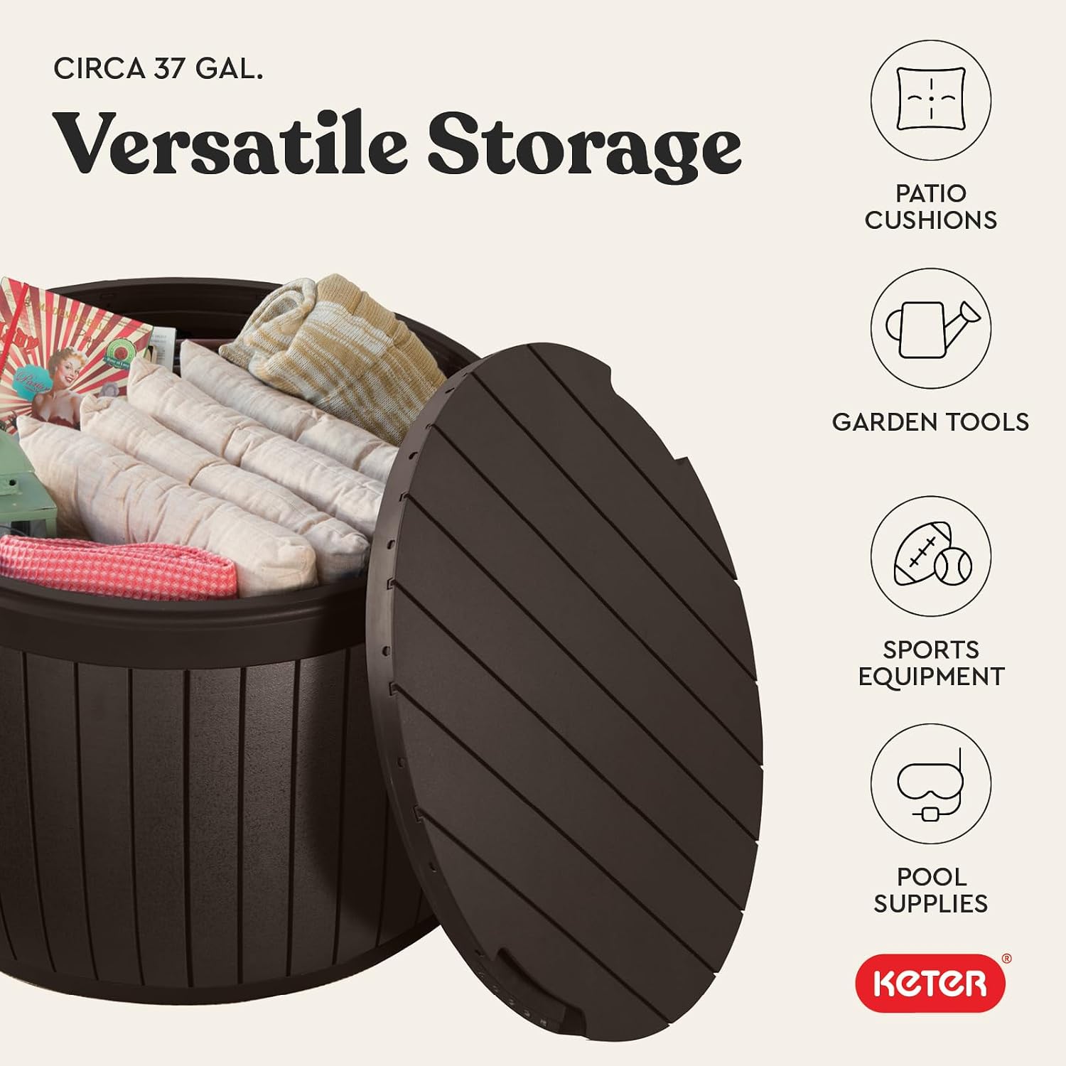 Keter Circa Outdoor Storage Deck Box, 37 Gallon, Brown | Doubles as Ottoman Chair or Side Table, Resin Seating for Garden, Pool & Patio