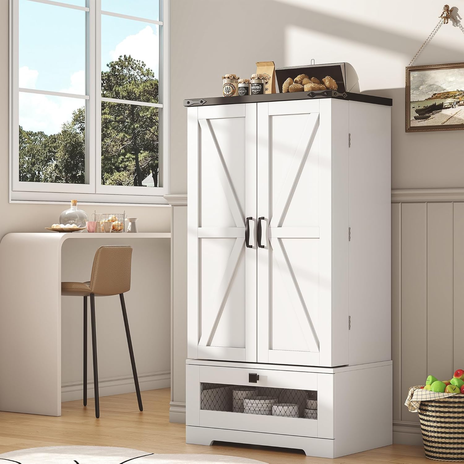 kepptory 47” Pantry Cabinet, Kitchen Pantry Storage Cabinet with Doors and Adjustable Shelves,Freestanding Buffet Cupboards Sideboard for Living Room and Dinning Room (White)
