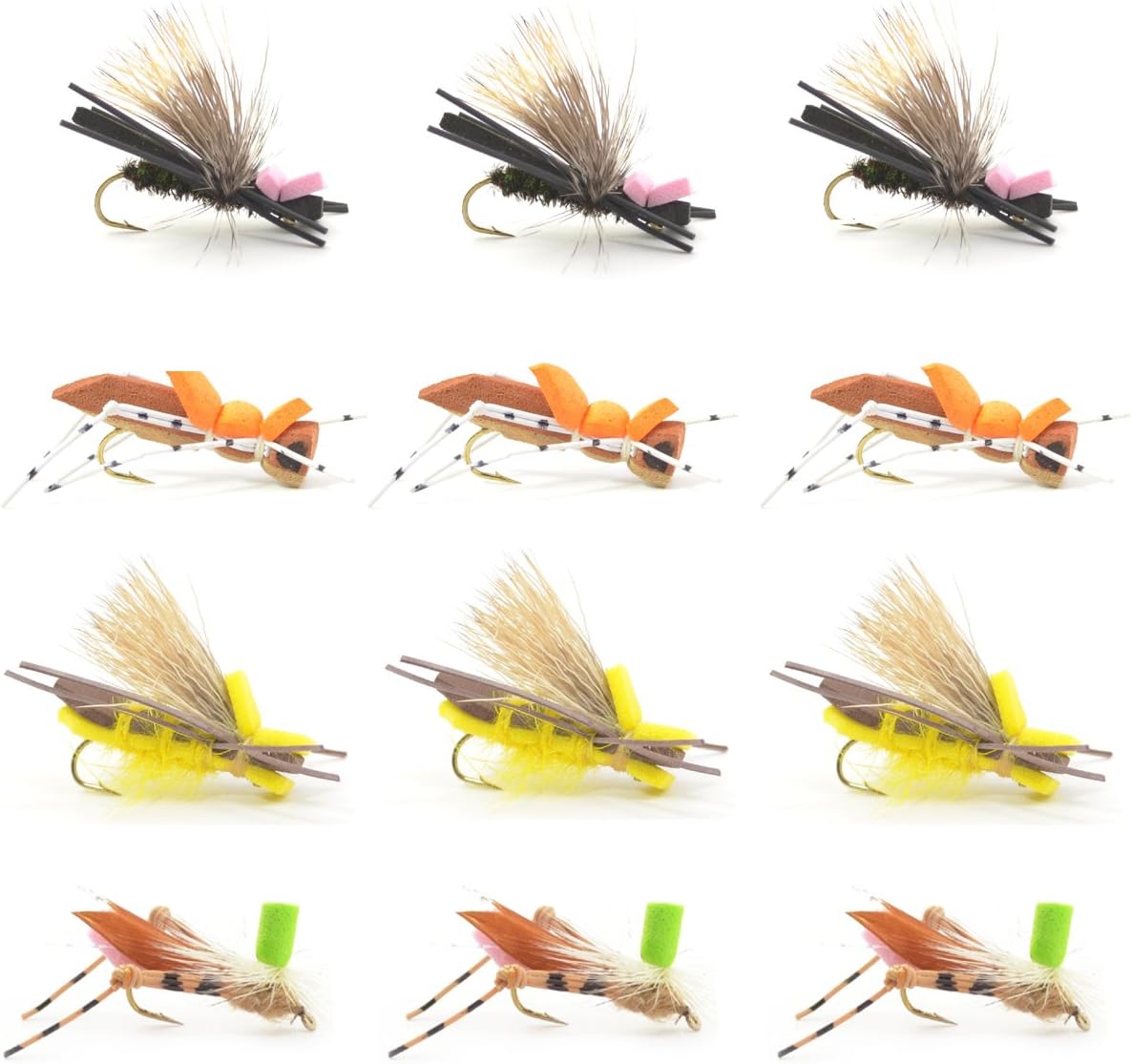 The Fly Fishing Place Hopper Trout Fly Assortment - Foam and Poly Body High Visibility Grasshopper Dry Fly Collection 1 Dozen Flies - Hook Size 10