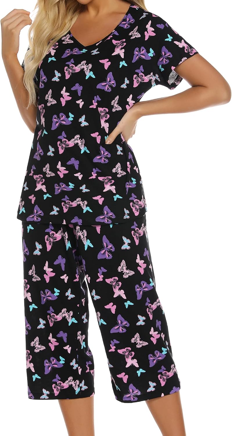 ENJOYNIGHT Womens Pajama Set Cotton Summer Pj Top with Capri Pant Sleepwear
