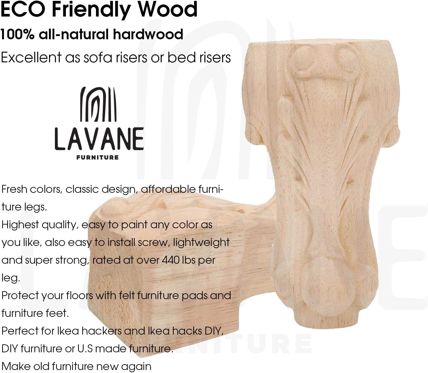La Vane 6 inch / 15cm Wooden Furniture Legs, Set of 4 European Style Solid Wood Carving Furniture Replacement Feet Decoration for Sofa Cabinet Wardrobe Table Loveseat