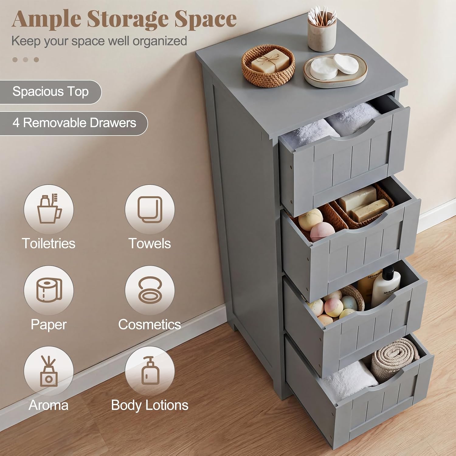 Tangkula Bathroom Floor Cabinet, Freestanding Narrow Side Storage Organizer with 4 Drawers, Multifunctional Towel Cabinet with Anti-Tip Kit for Living Room Laundry Entryway (4 Drawers, White)