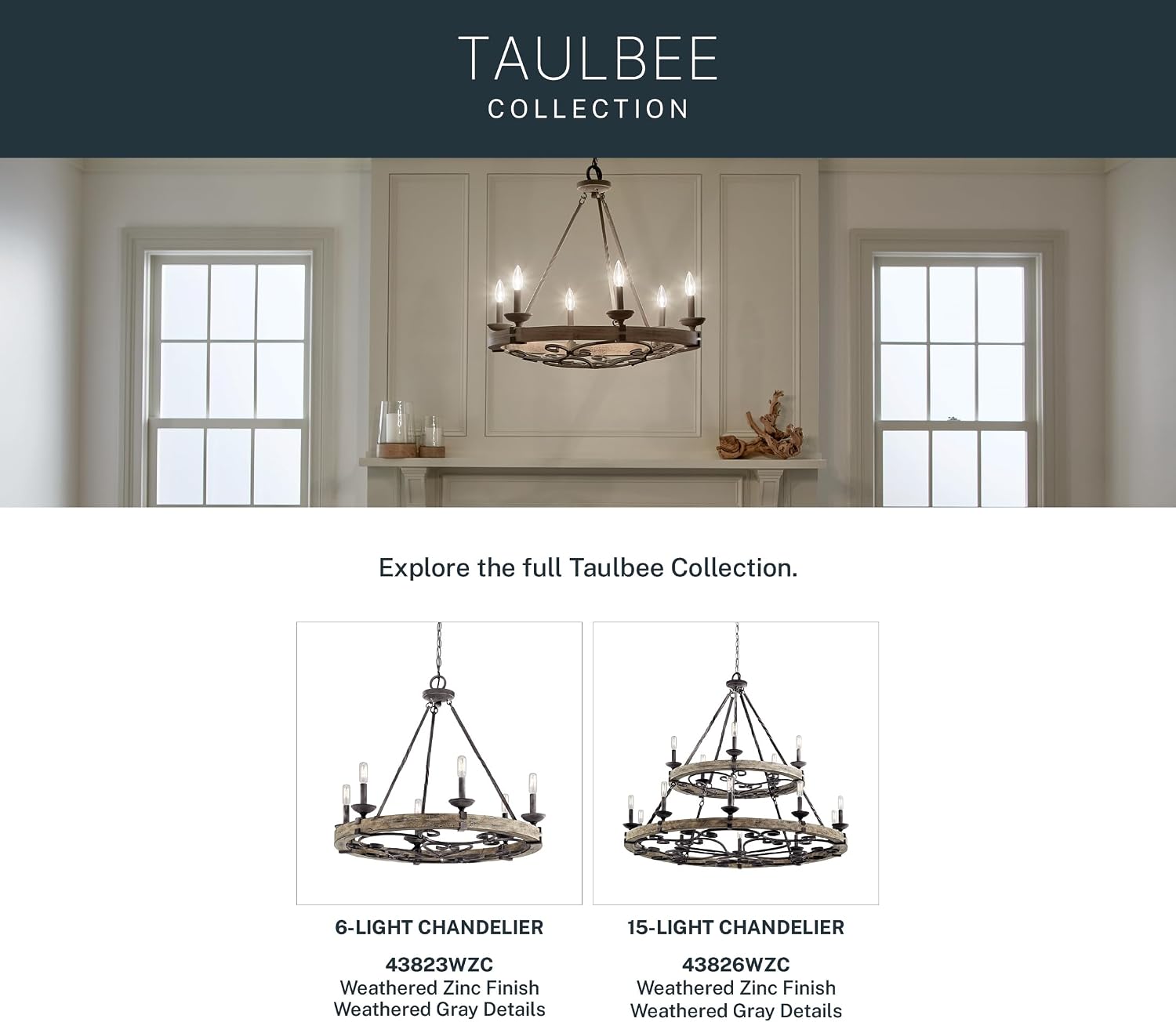 Kichler Taulbee 15-Light 2-Tier Chandelier, Weathered Zinc | Two-tier chandelier with weathered gray wood accents (44" x 38.75"), 43826WZC