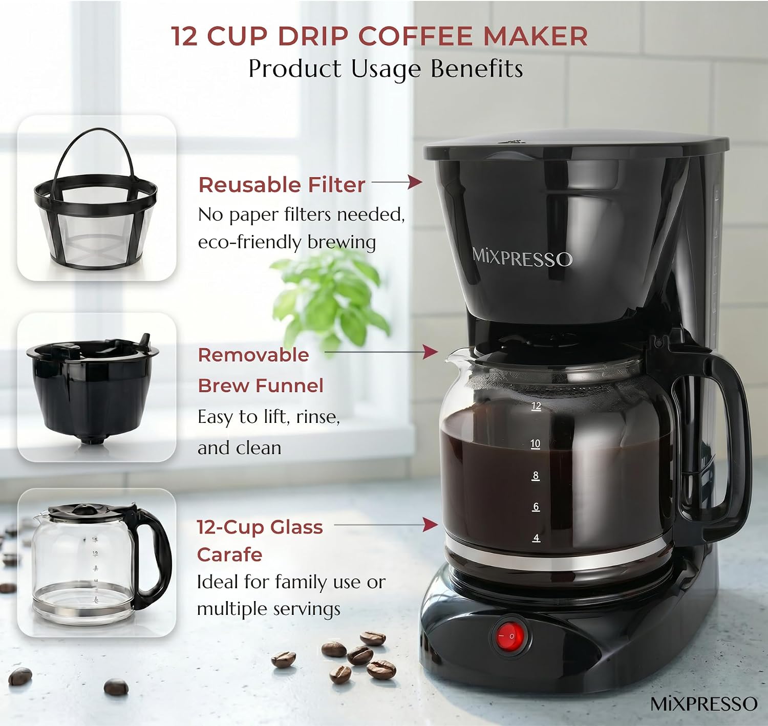 Mixpresso 5 Cup Drip Coffee Maker, Coffee Pot with Reusable Filter, Black | Glass Carafe Coffee Machine with Auto-Off, Anti-Drip, Water Window and Easy On/Off Switch for Convenient Everyday Brewing