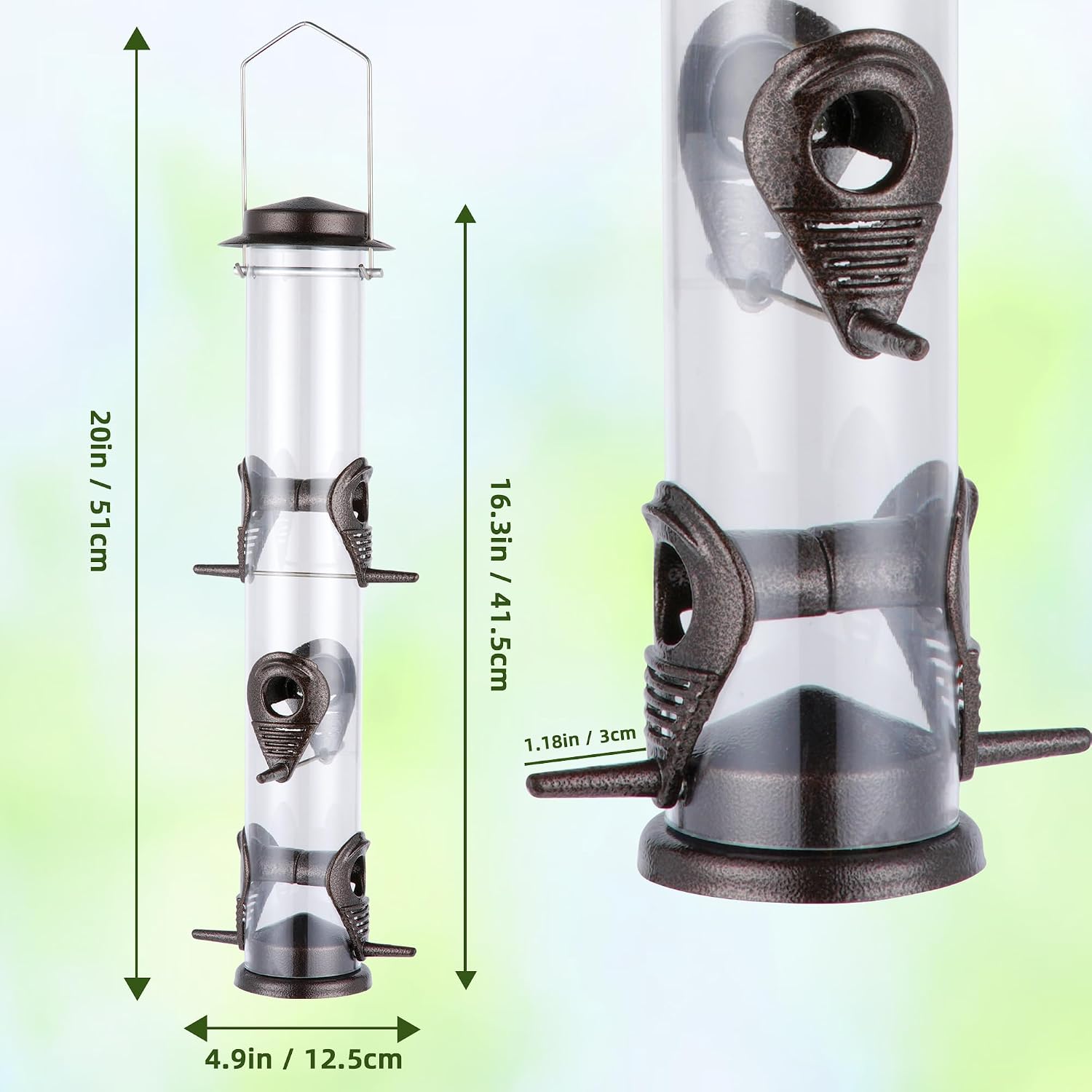 MIXXIDEA 1PK Metal Bird Feeders with 6 Feeding Ports, Tube Bird Feeder with Steel Hanger, Hard Plastic Wild Bird Feeder for Outdoors Hanging