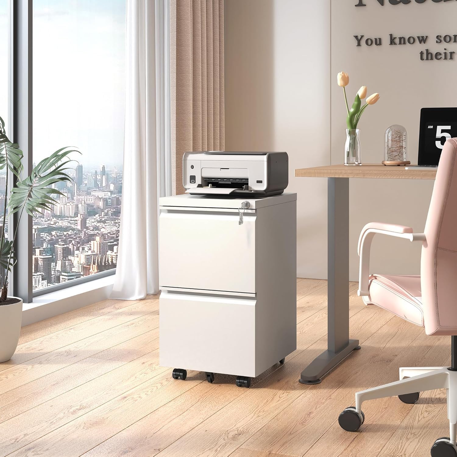 Guizeeopo 3 Drawer File Cabinet with Lock, File Cabinets for Home Office,Under Desk Cabinet, Locking File Cabinet for A4/Letter/Legal, Fully Assembled Expect Casters, Matte White