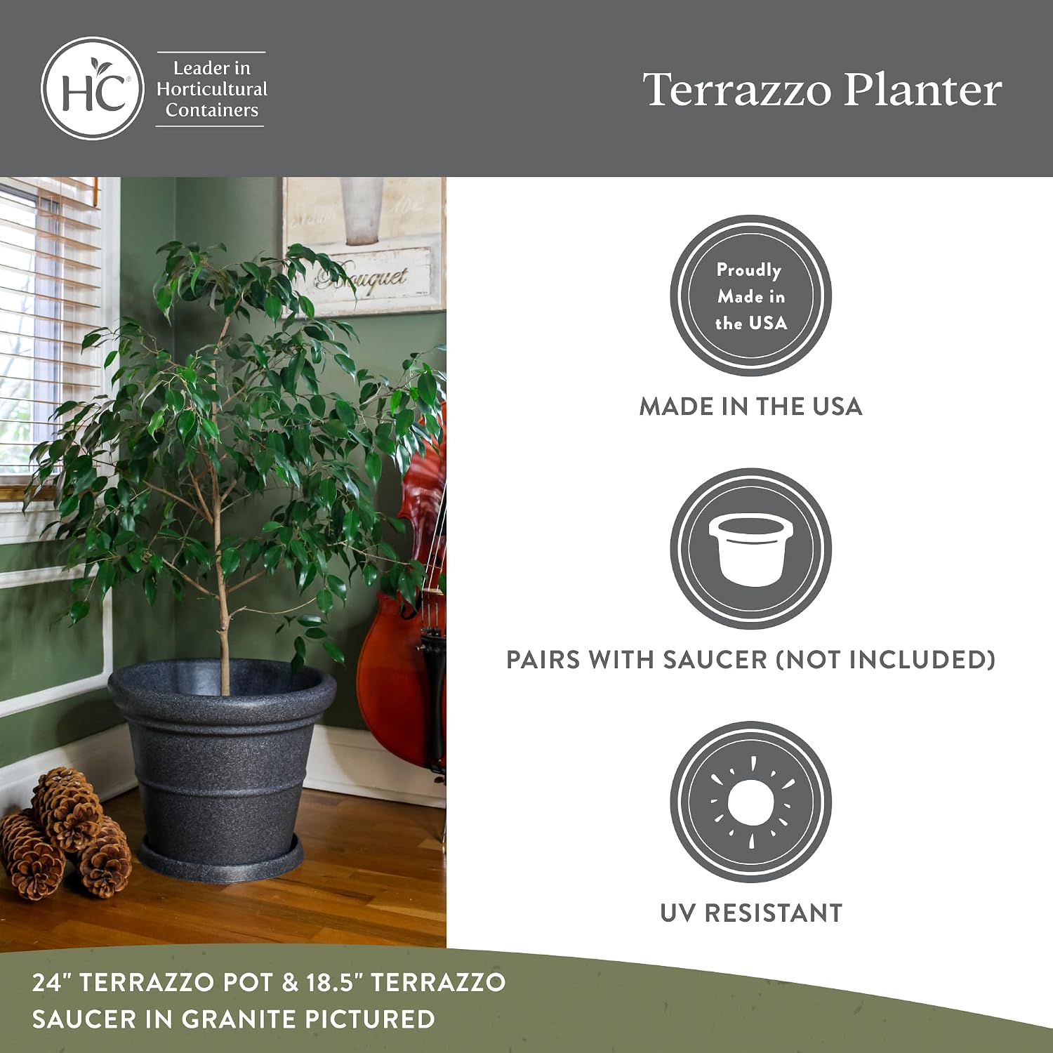The HC Companies Terrazzo Large Round Plastic Plant Pot w/Rolled Rim - Lightweight & UV Resistant Gardening Pot for Herbs & More - Outdoor & Indoor Plant Pots w/Drainage (17” Black)