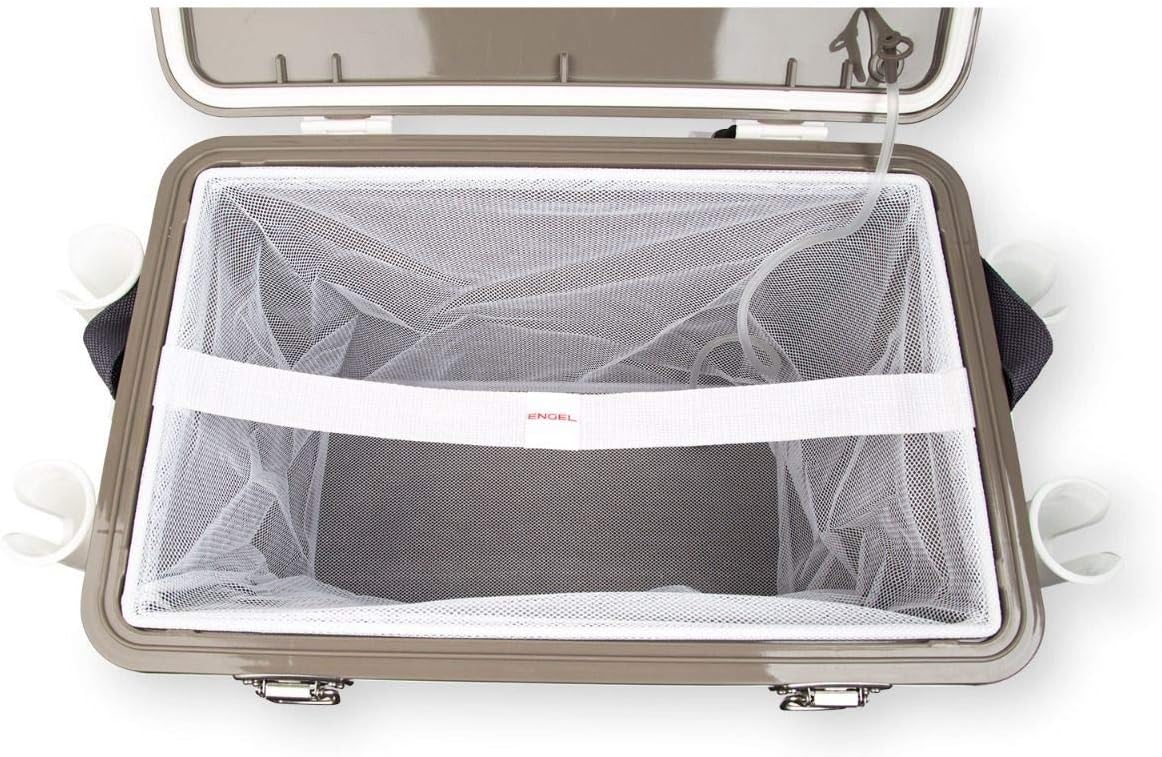 Engel 30qt Live Bait Cooler Box with 2nd Gen 2-Speed Portable Aerator Pump and 4 x Fishing Rod Holder Attachments. Fishing Bait Station and Minnow