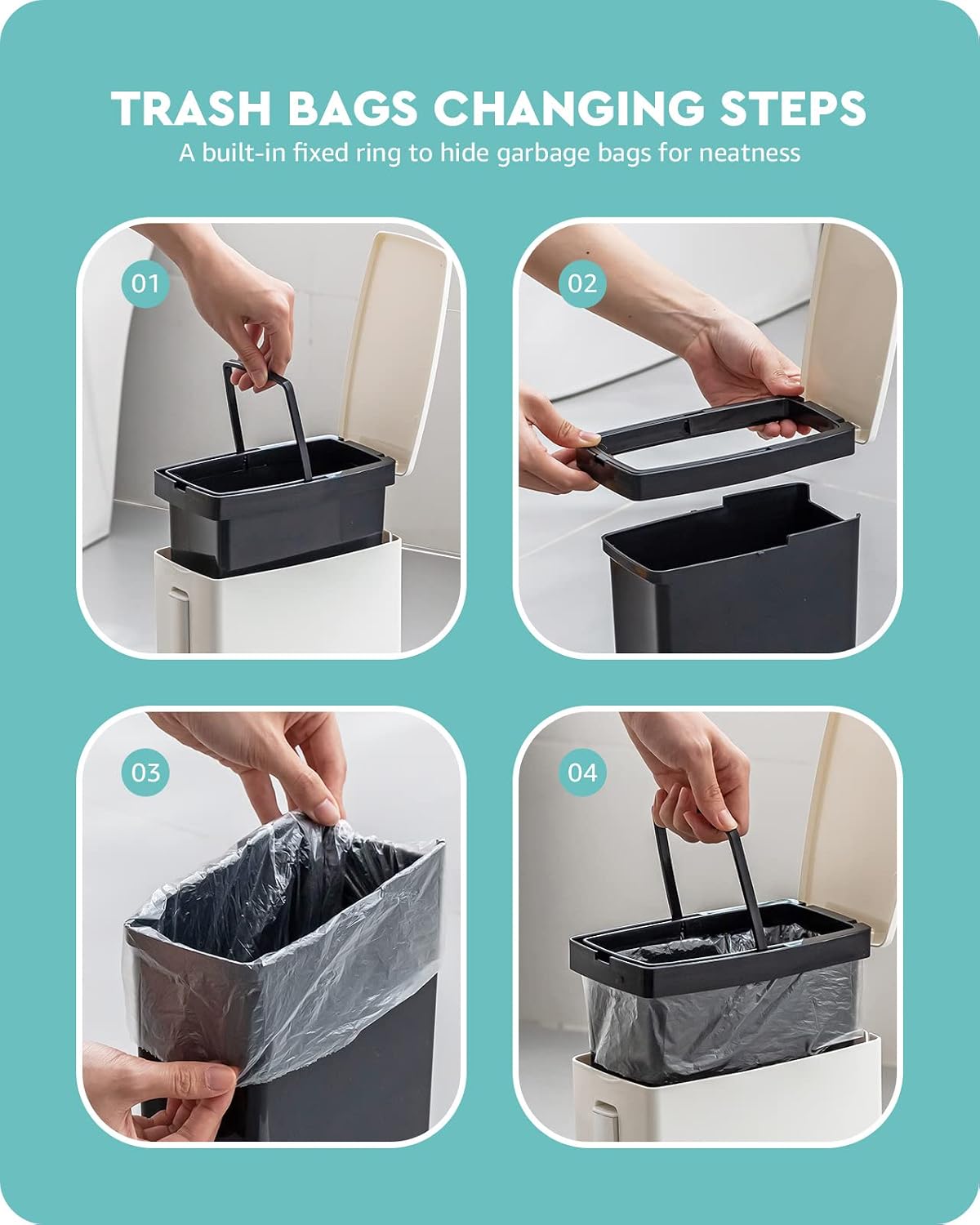 Baffect 2 Liter White Slim Bathroom Trash Can with Lid and Toilet Brush Holder | RV Small Bathroom Trash Bin With Hidden Long Handle Toilet Rim Brush