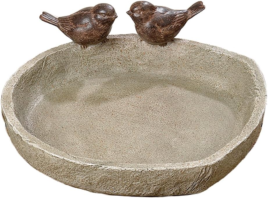 Bird Bath with 2 Snails, Off White Stone Finished Basin and Brown, All Weather Poly Resin, 8 1/4 inches Diameter (21cm)