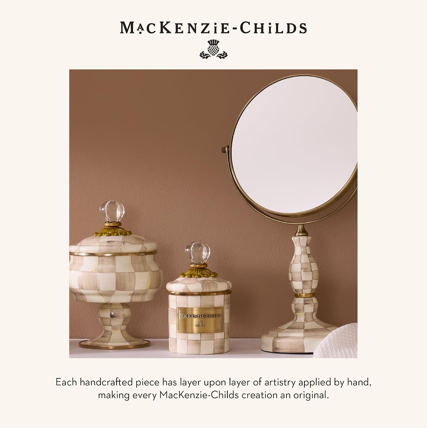 MACKENZIE-CHILDS Waste Bin, Black-and-White Courtly Check | Hand-painted design, made from enameled steel, decorative bedroom or bathroom trash can, 8" dia. x 9.5" H