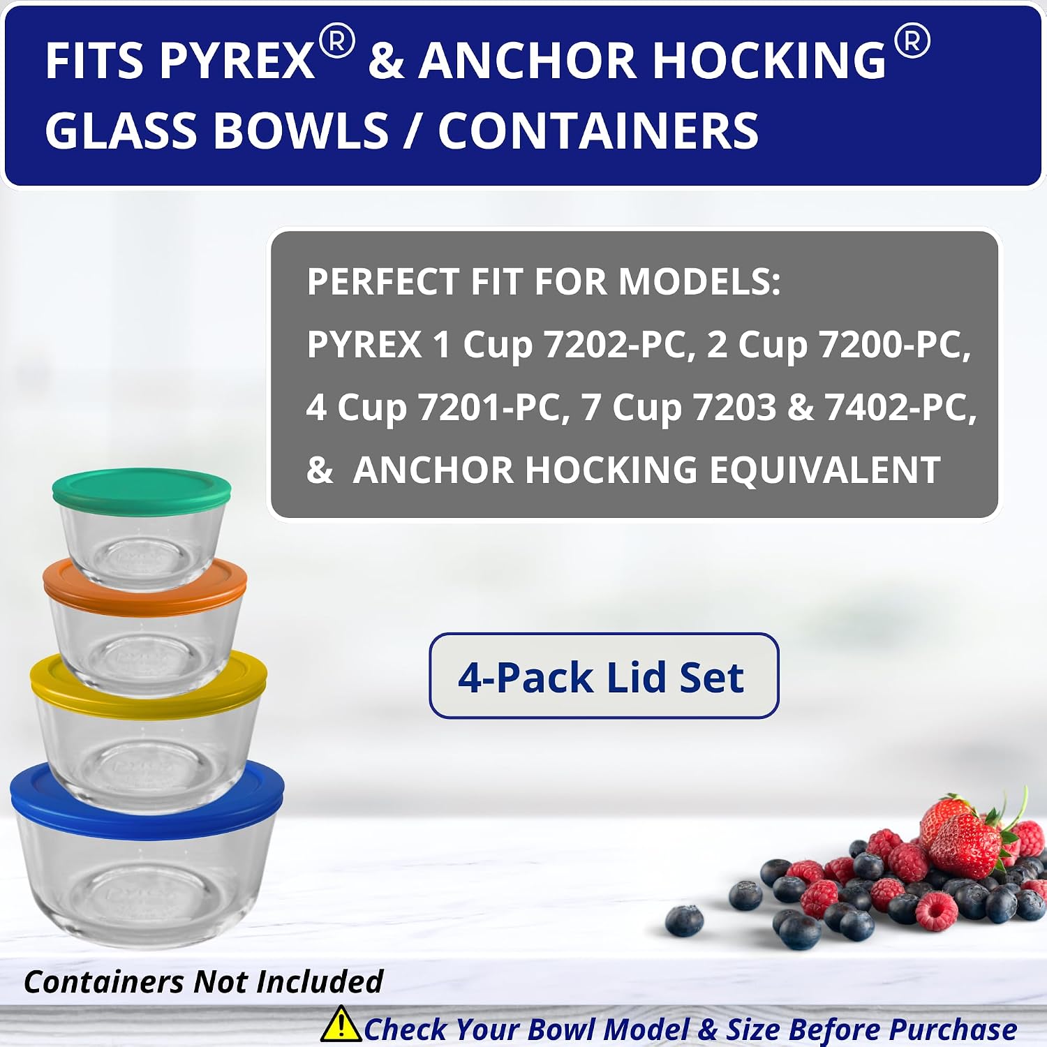 1, 2, 4 & 7 Cup Green, Orange, Blue, Red Replacement Lids/Covers for Pyrex