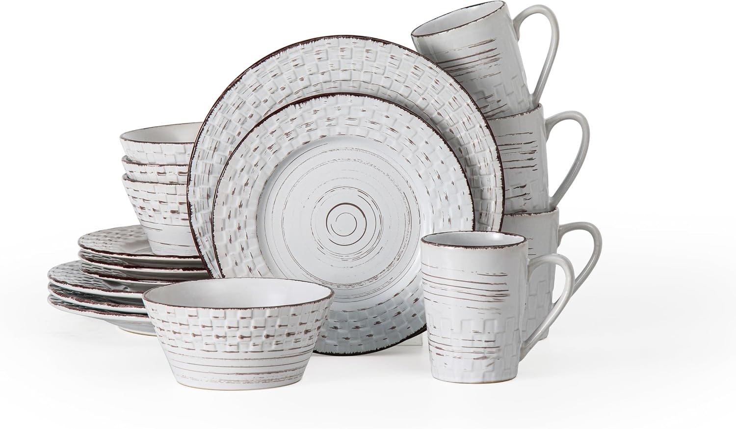 Lorren Home Trends Distressed Weave Dinnerware Set, Buttercup, 16 Piece | Service for 4