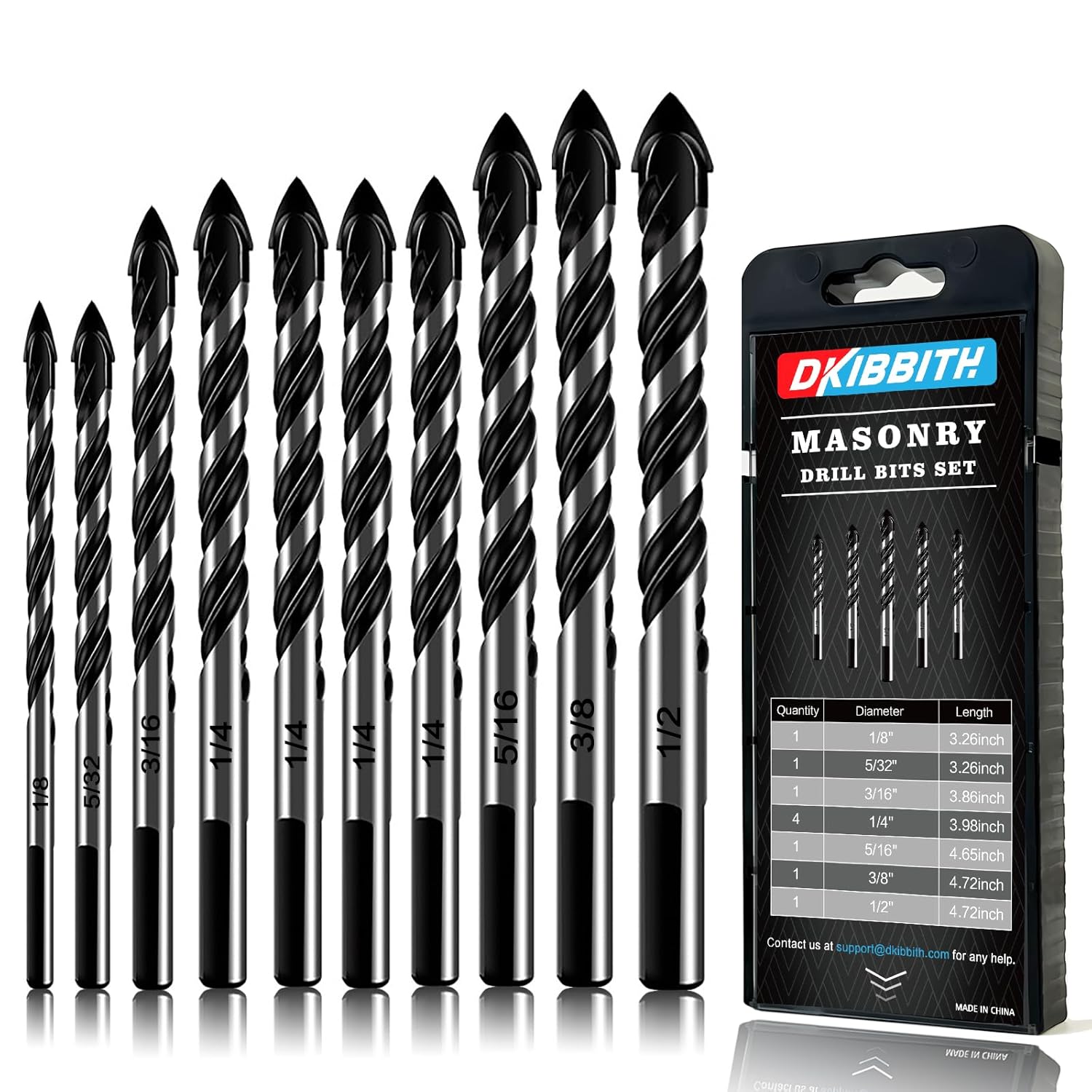 10-Piece Masonry Drill Bit Set for Concrete Tile Glass Ceramic Brick, 1/8 to 1/2 Inch Drilling Bits with Triangle Handle