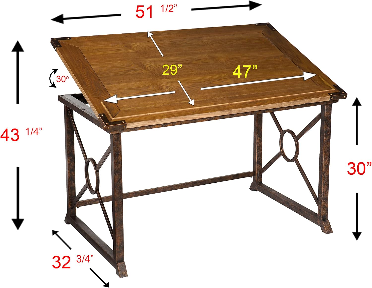 SEI FURNITURE Knightley Tilt Top Drafting Table - 51.5 inch Wide - Oak Wood Finish w/ Antique Brass, Brown