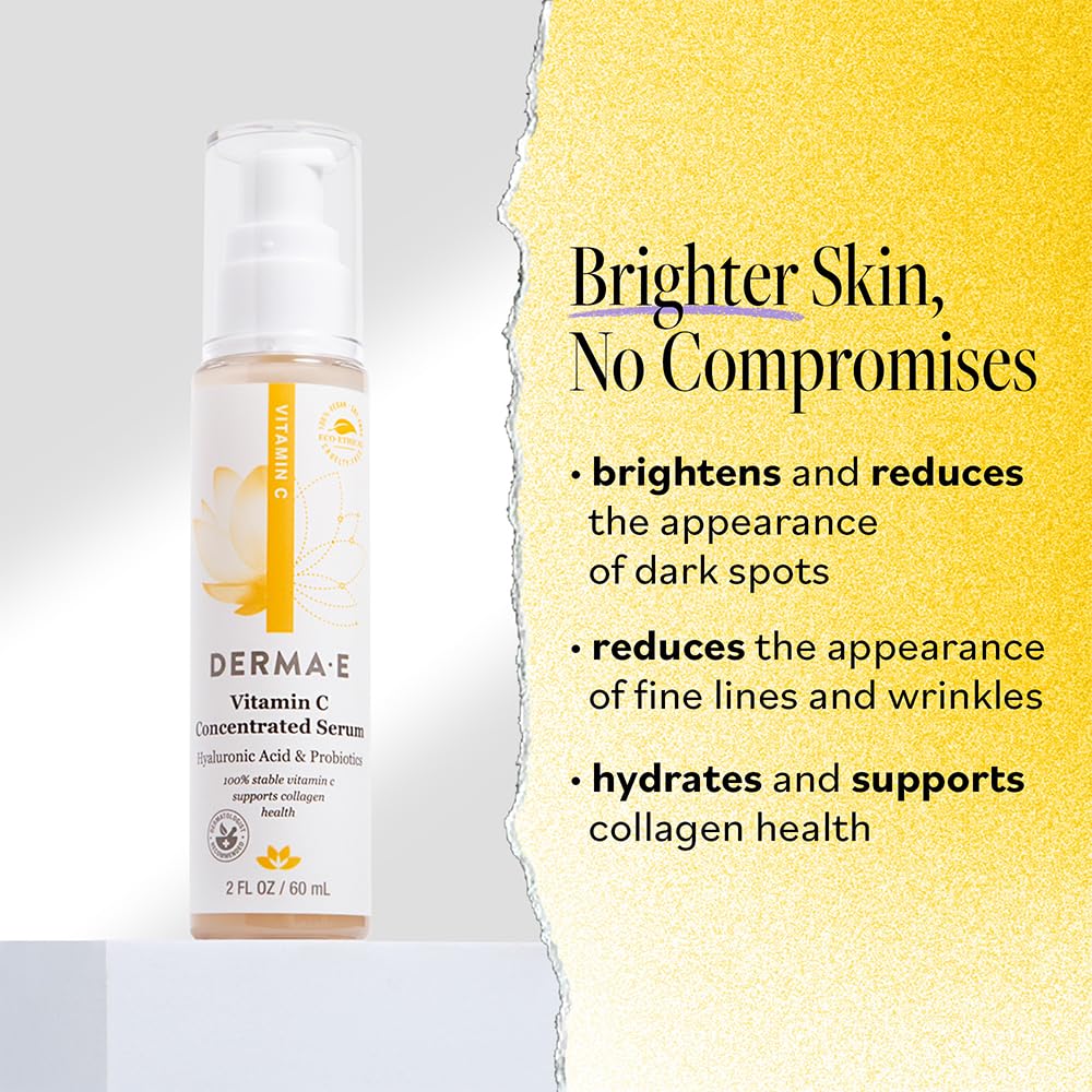 DERMA E Vitamin C Concentrated Serum, 2 Oz, with Hyaluronic Acid, Vitamin E & Aloe, All Natural, Antioxidant-Rich Concentrated Formula