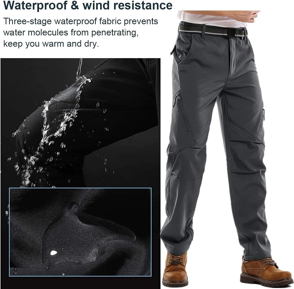 Men's Waterproof Pants Fleece Lined Insulated Winter Hiking Ski Snow Pants