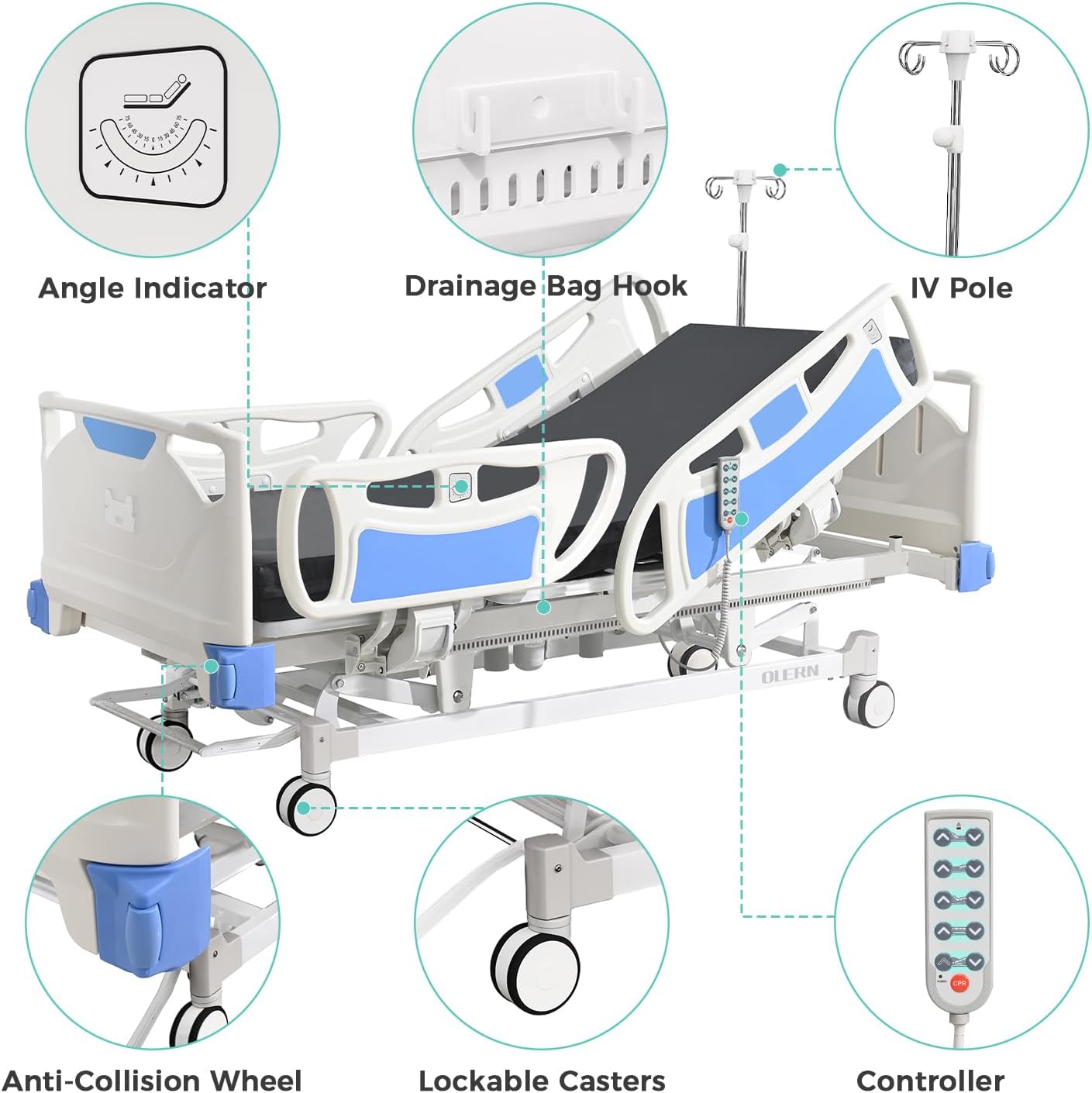 Premium 3 Function Full Electric Hospital Bed,Adjustable Medical Bed | 550LBS,4.7" Waterproof Mattress,Adjustable Height,One-Click CPR,Iv Pole,Germany Moter for Home Use Hospital Nursing Clinic