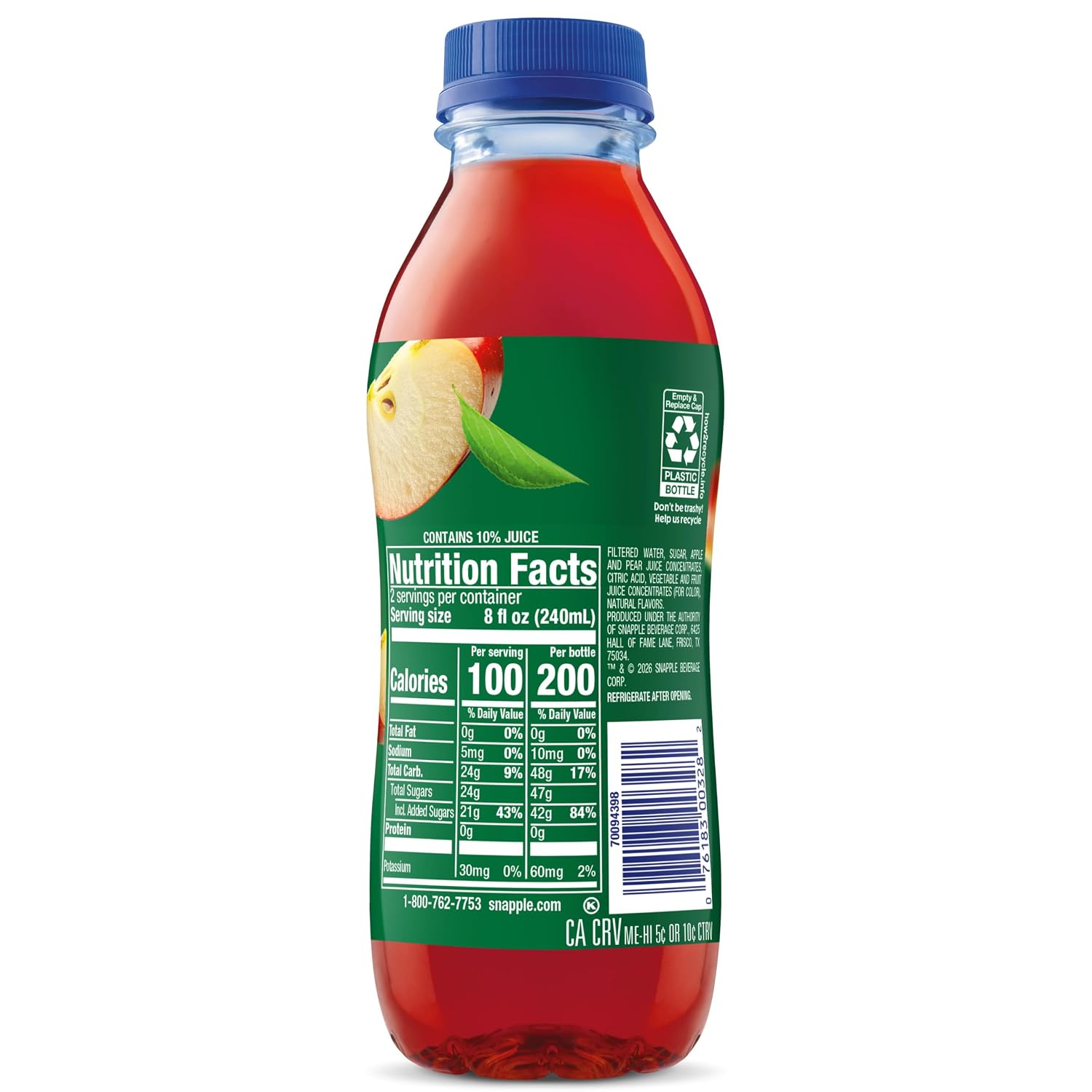 Snapple Apple Juice Drink, 16 Fl Oz Recycled Plastic Bottle, All Natural, No Artificial Flavors Or Sweeteners, Gluten-free, Contains 10% Real Juice 12 Pack