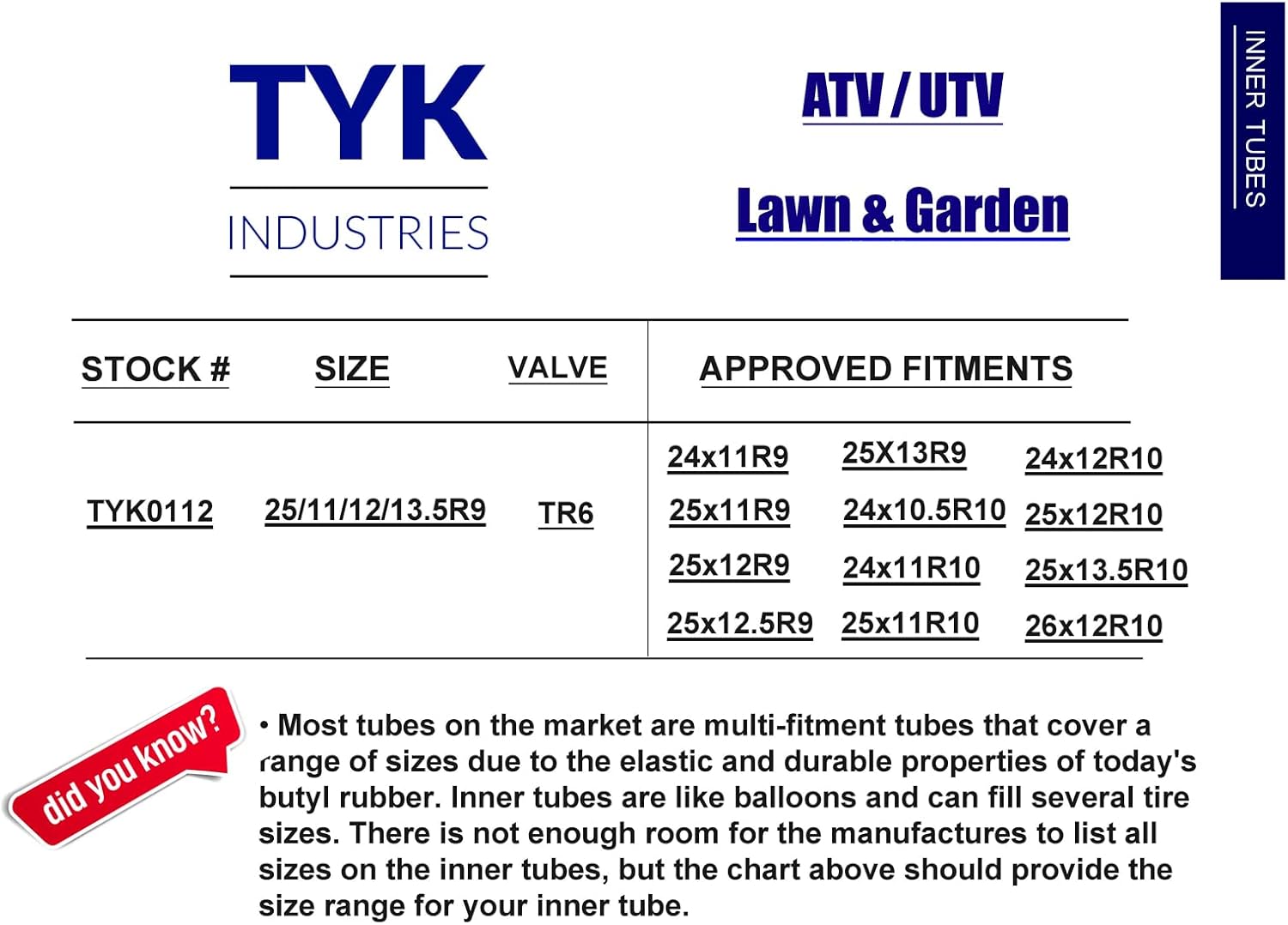 (2-Pack) TYK Industries 24X11-10 Inner Tube For ATV and UTV, 24x11.00-10 Radial or Bias Tire Inner Tube with TR6 Valve Stem