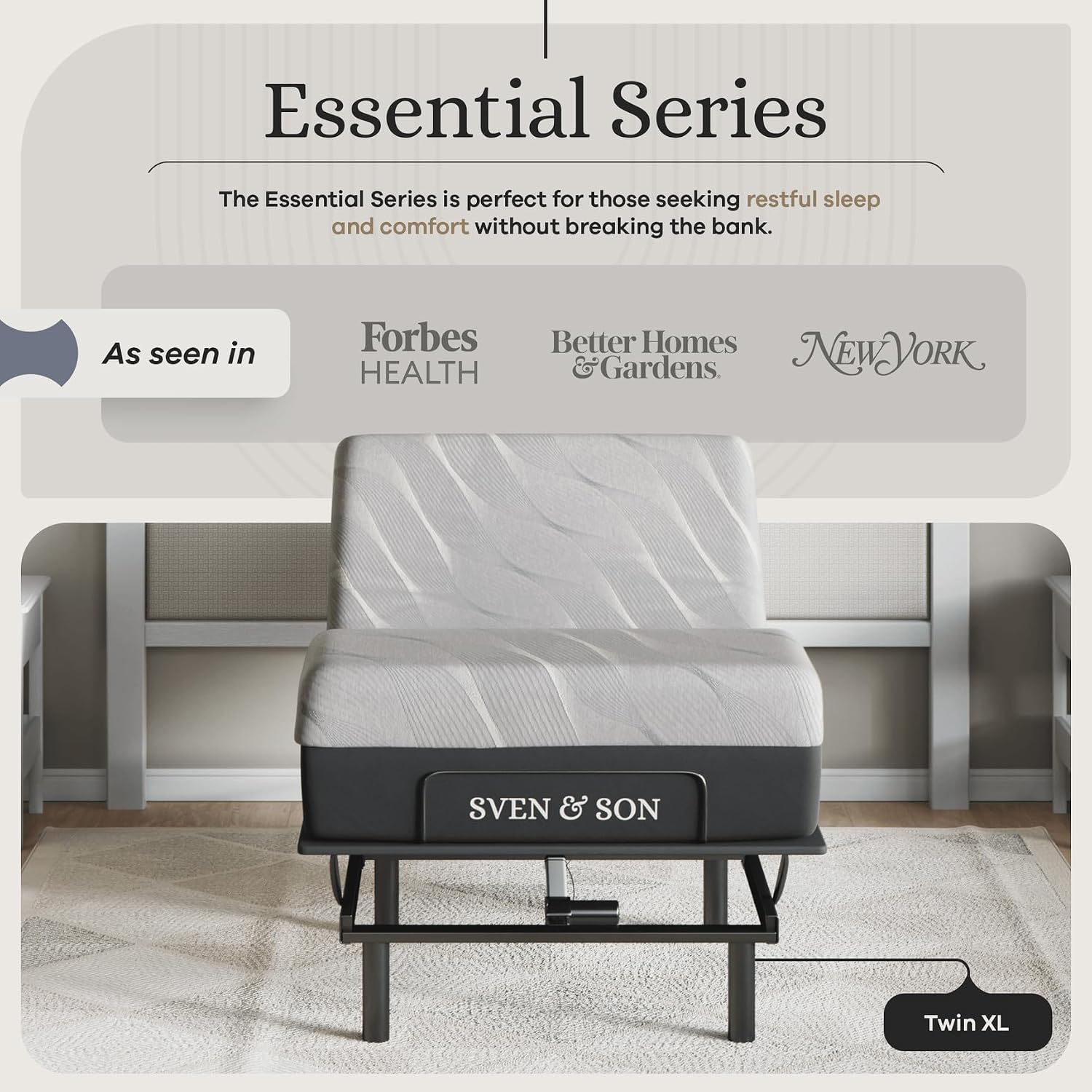Sven and Son Essential Adjustable Bed Base (Frame) + 12 inch Memory Foam Matt (Medium), Easy Assembly, Head and Foot Lift, Memory Positions