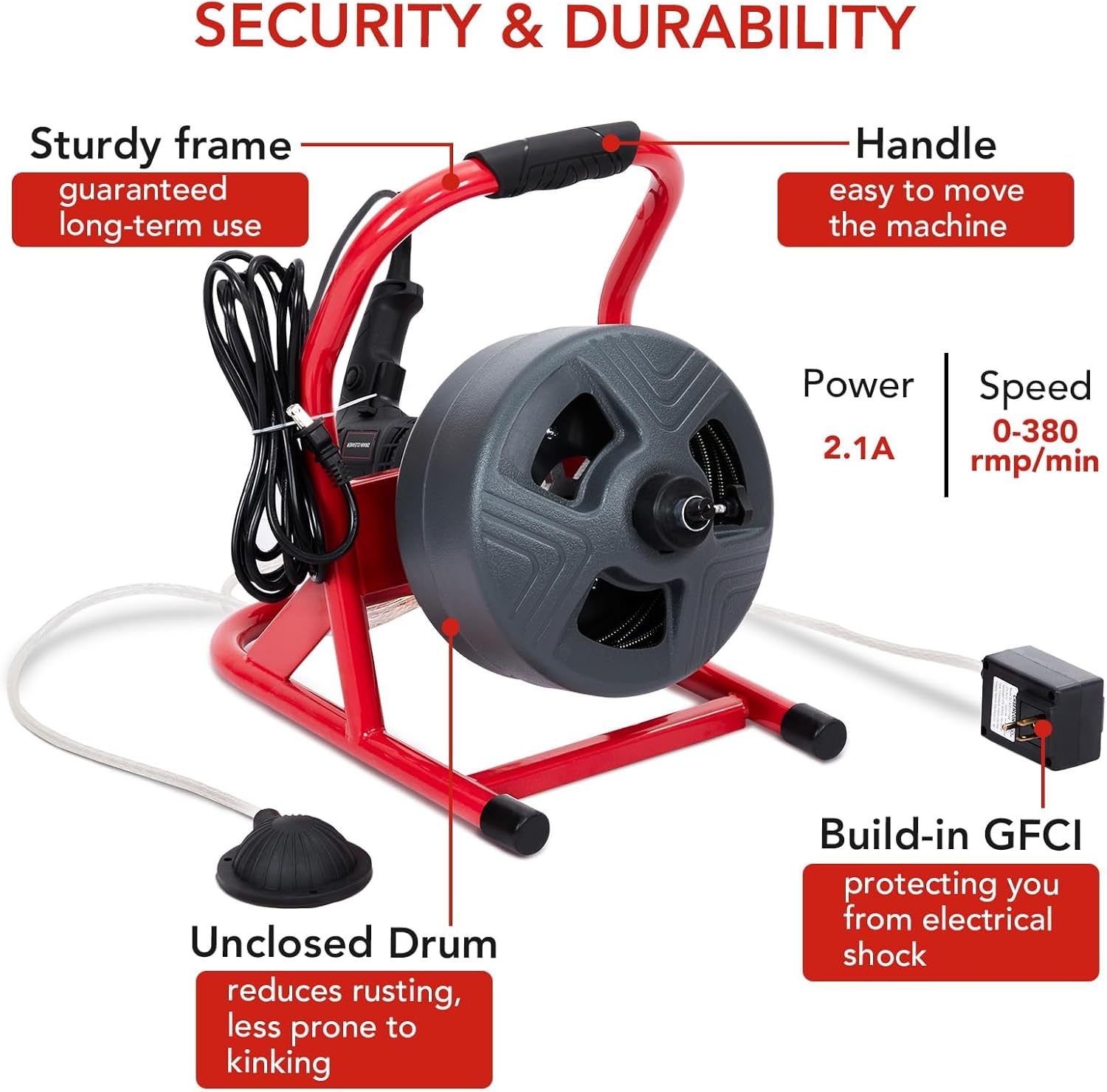 Drain Cleaner Machine 50Ft x 5/16 Inch, Electric Drain Auger with Foot Switch, Sewer Snake for 3/4 to 3 Inch Pipes, Includes 6 Cutters & Gloves
