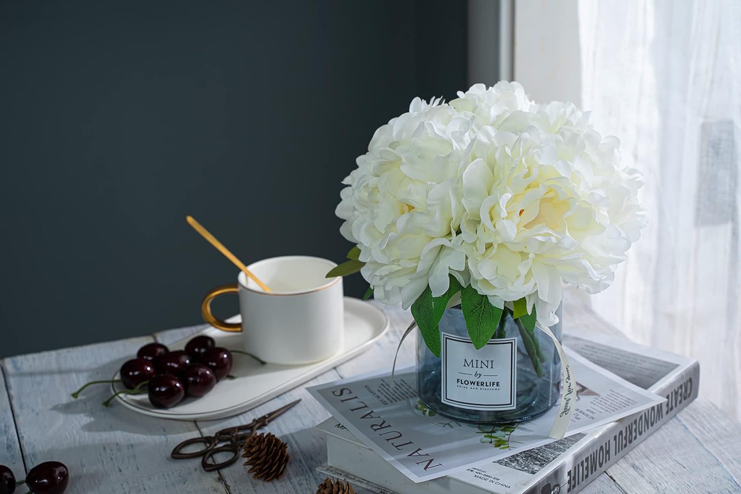 MOOMASS Artificial Peony and Glass vase, Ins Style Artificial Flower Glass Bottle Set, Suitable for Living Room, Dining Table, Office, Wedding