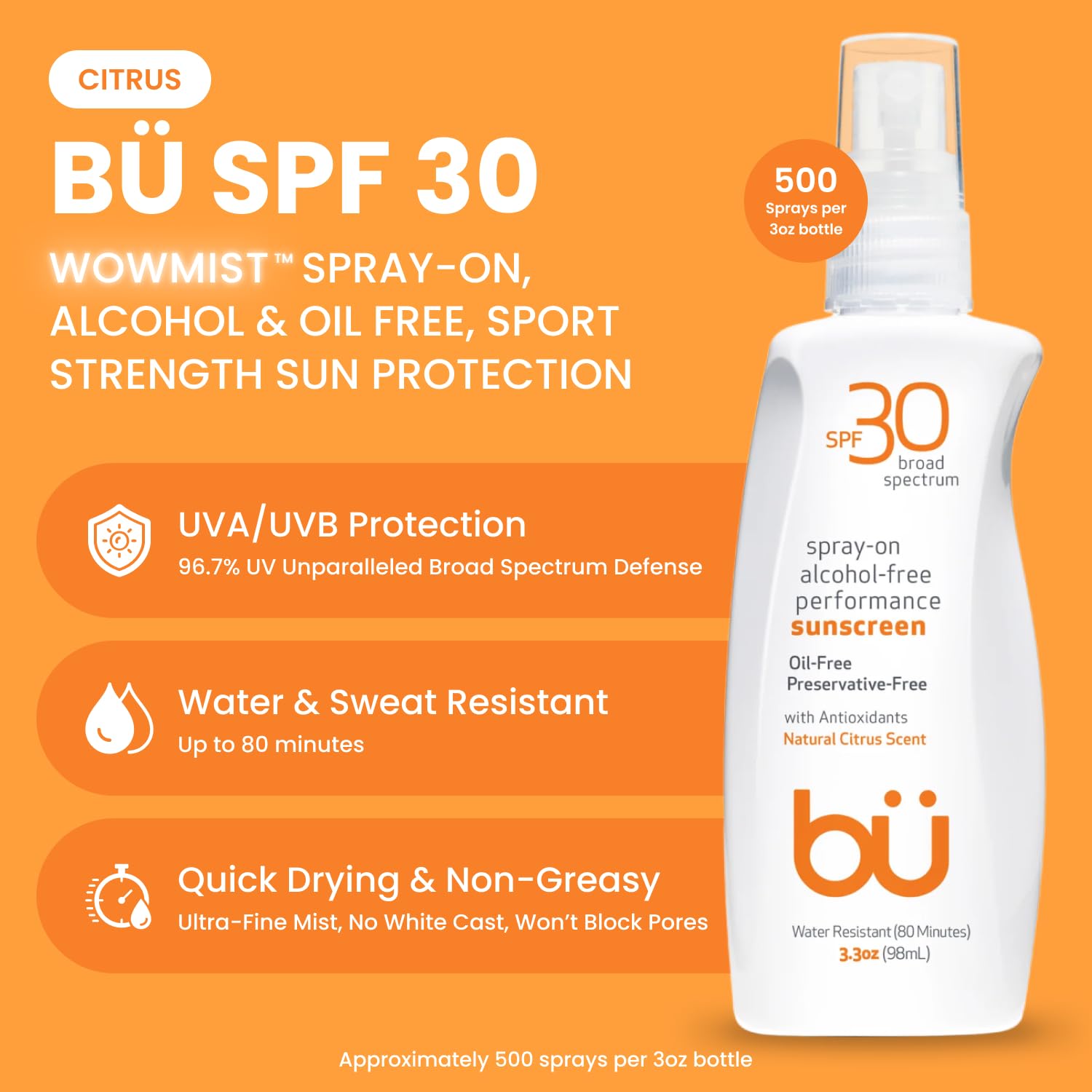 BU SPF 30 Sunscreen Spray for Face and Body, Non Aerosol Spray, Ultrafine WOWmist, TSA Travel Size Sunscreen, Clear, Non Greasy, Water Resistant, White Sage 3.3 oz